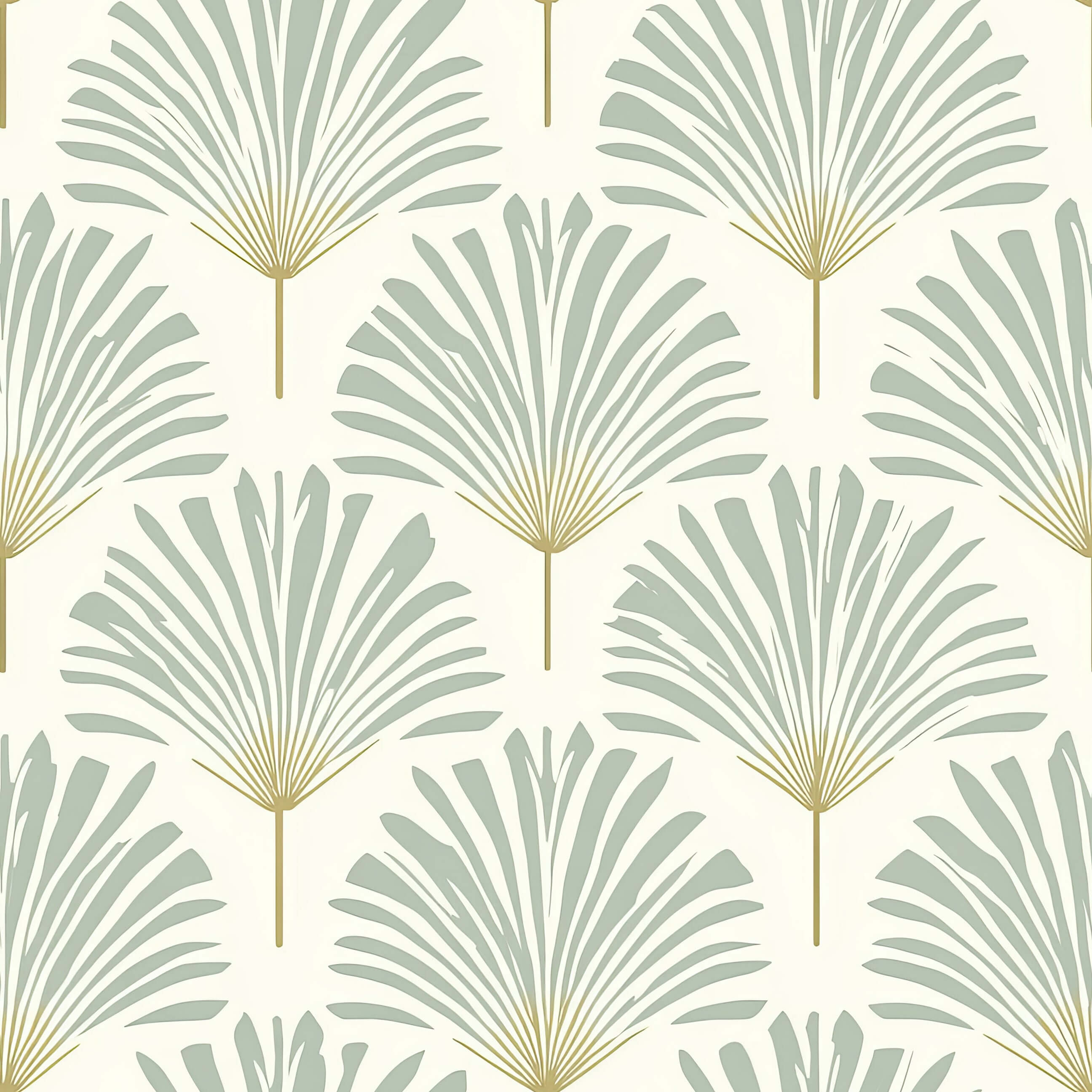 Serene Sage Palm Wallpaper with muted sage palm fronds and golden stems, ideal for modern coastal design in tranquil interiors.