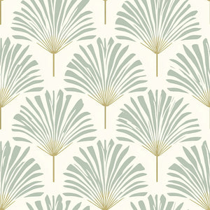 Serene Sage Palm Wallpaper with muted sage palm fronds and golden stems, ideal for modern coastal design in tranquil interiors.