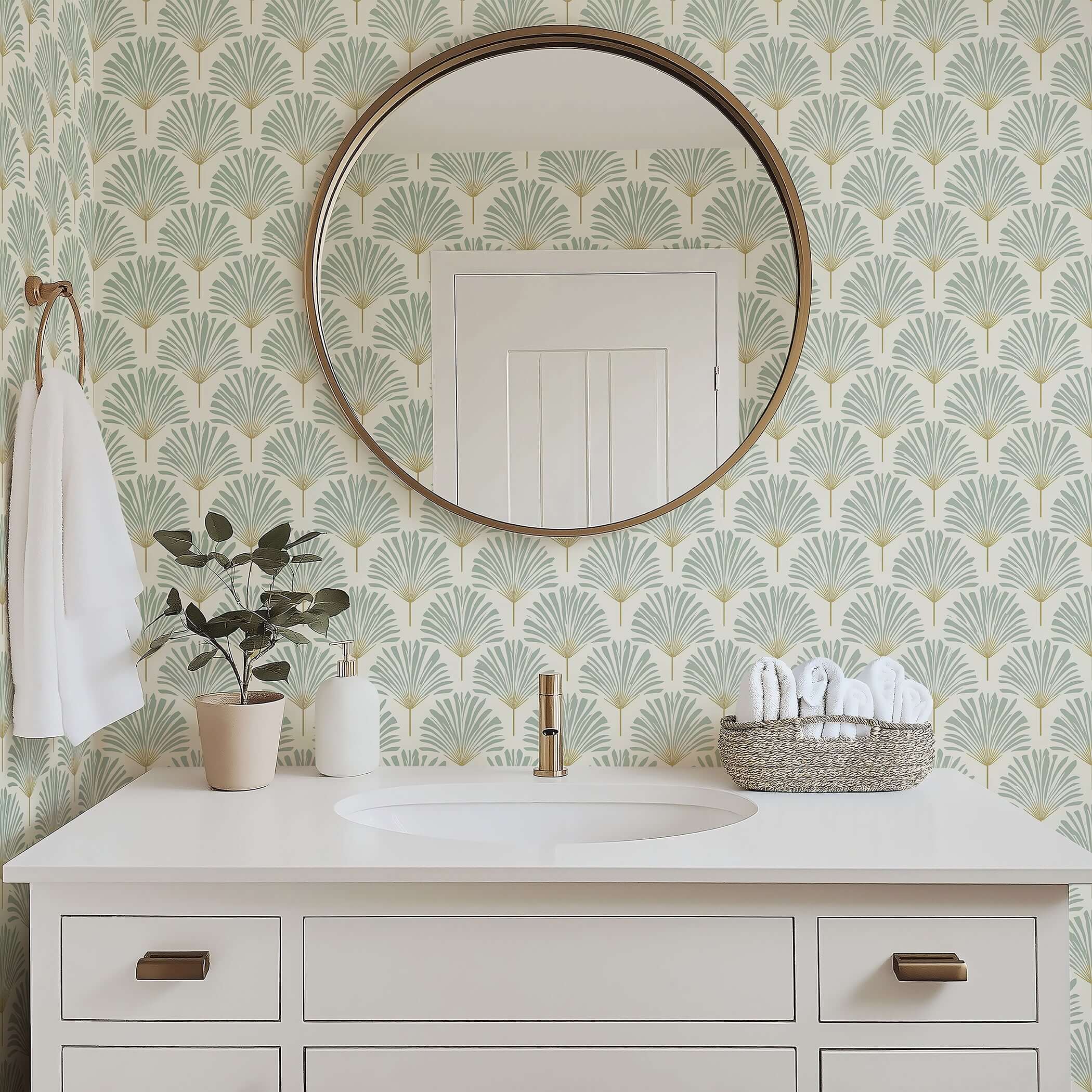 Bathroom with Serene Sage Palm wallpaper, featuring stylized sage green palm design, modern vanity, round mirror, and coastal decor.