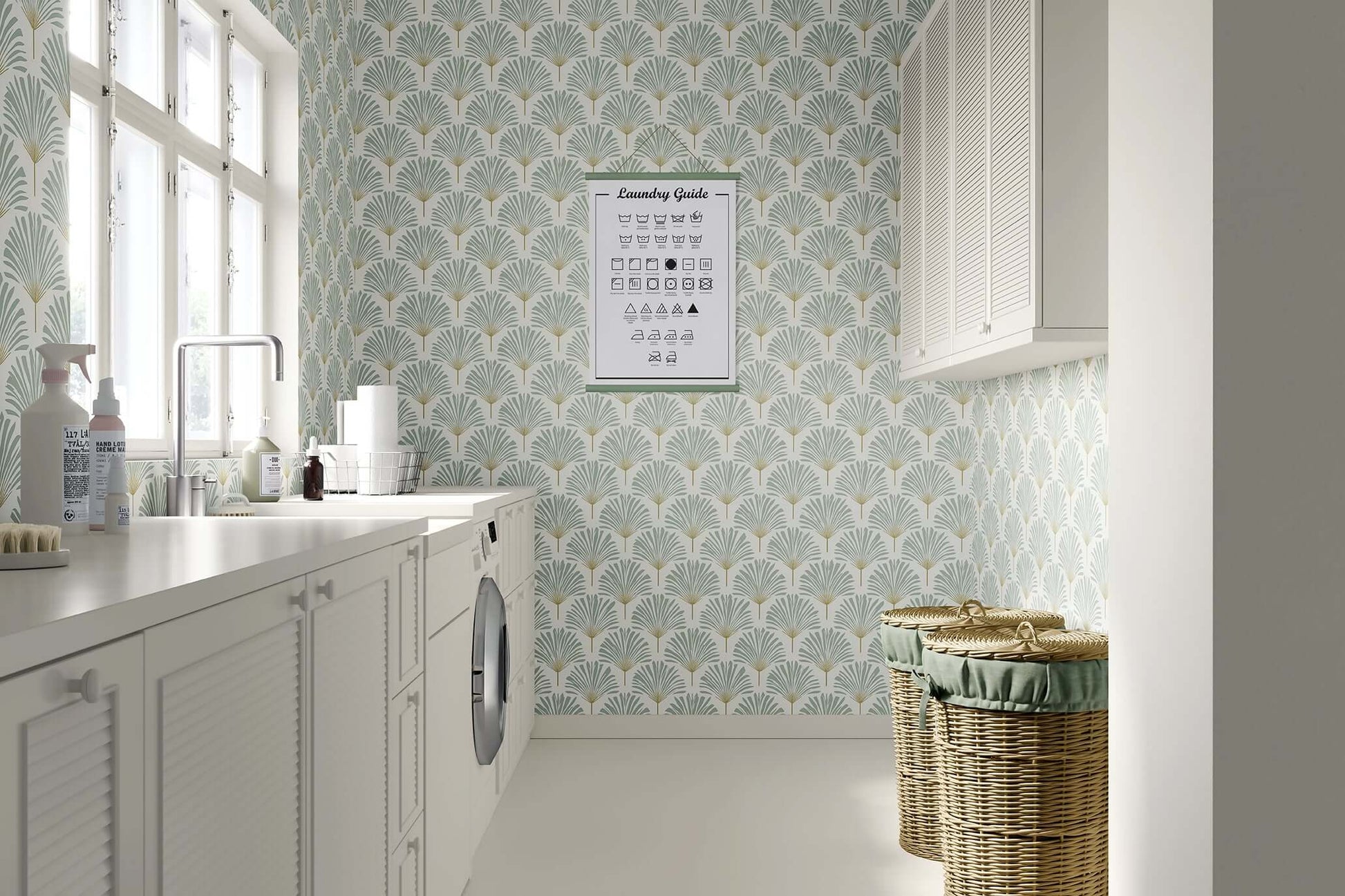 Laundry room with Serene Sage Palm wallpaper featuring stylized palm fronds, enhancing modern coastal design aesthetics.