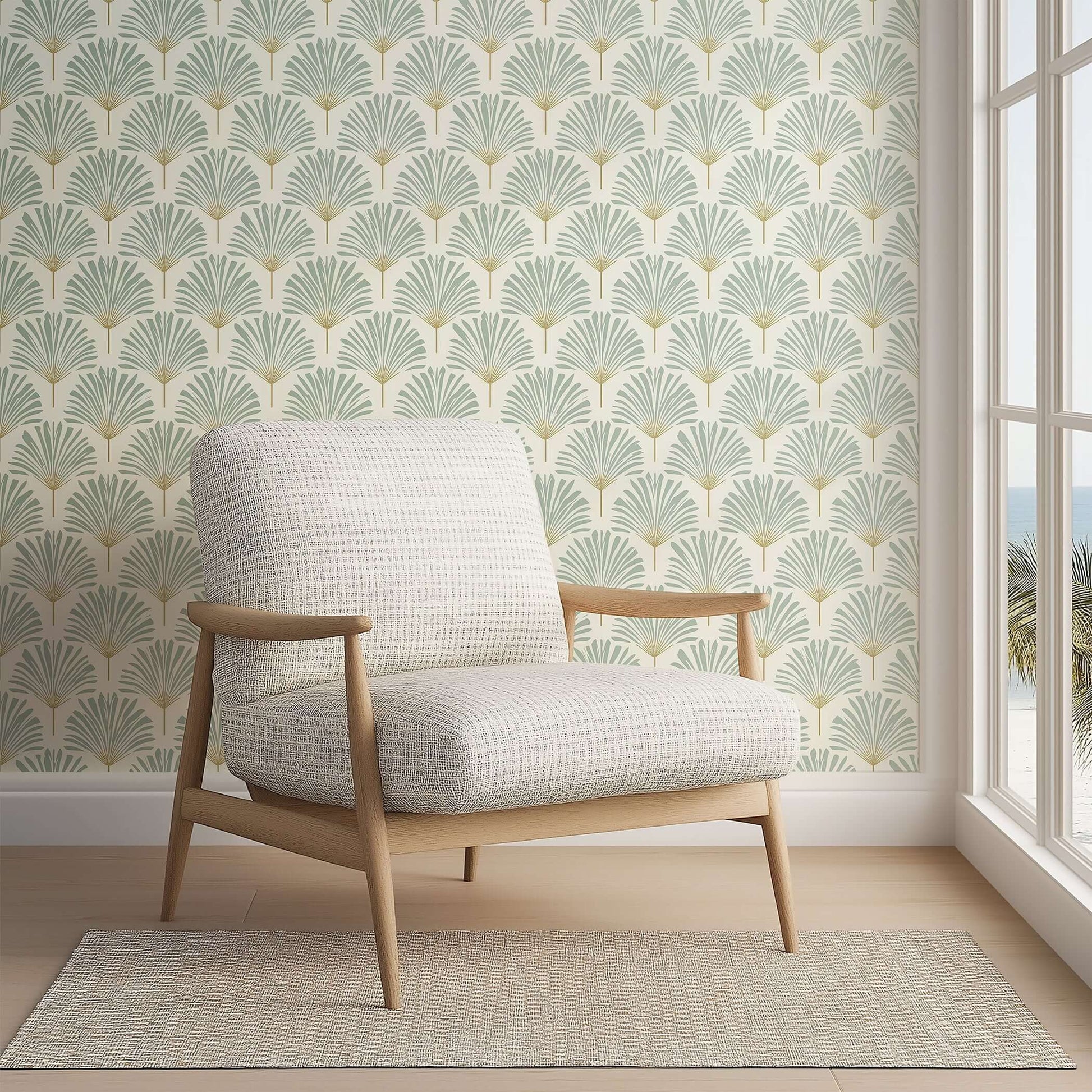 Modern living room with Serene Sage Palm wallpaper featuring stylized palms and coastal design elements, paired with a cozy armchair.