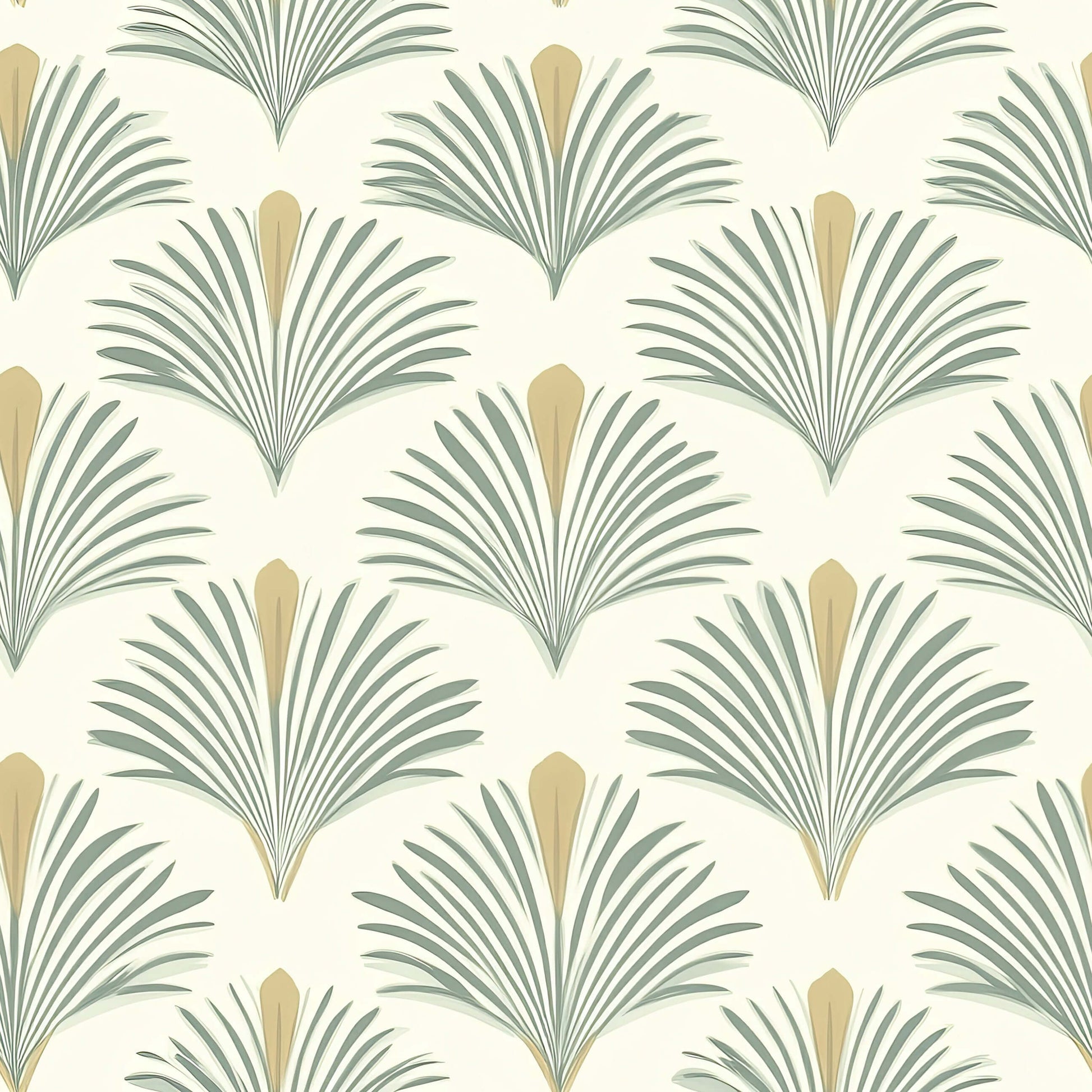 Palmetto Oasis wallpaper featuring sage green palm fronds with golden accents, ideal for modern coastal decor.