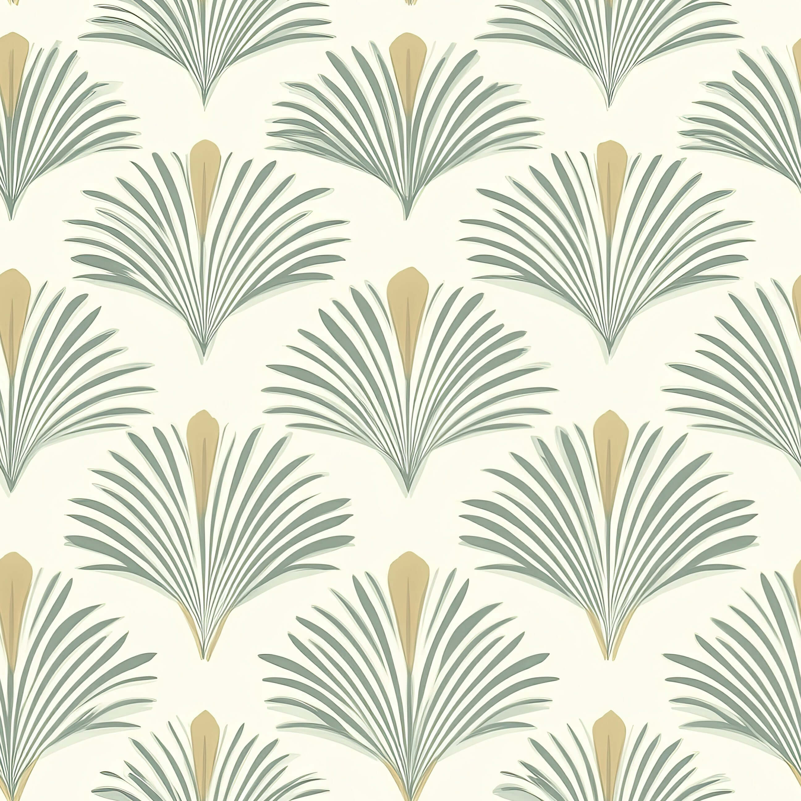 Palmetto Oasis wallpaper featuring sage green palm fronds with golden accents, ideal for modern coastal decor.