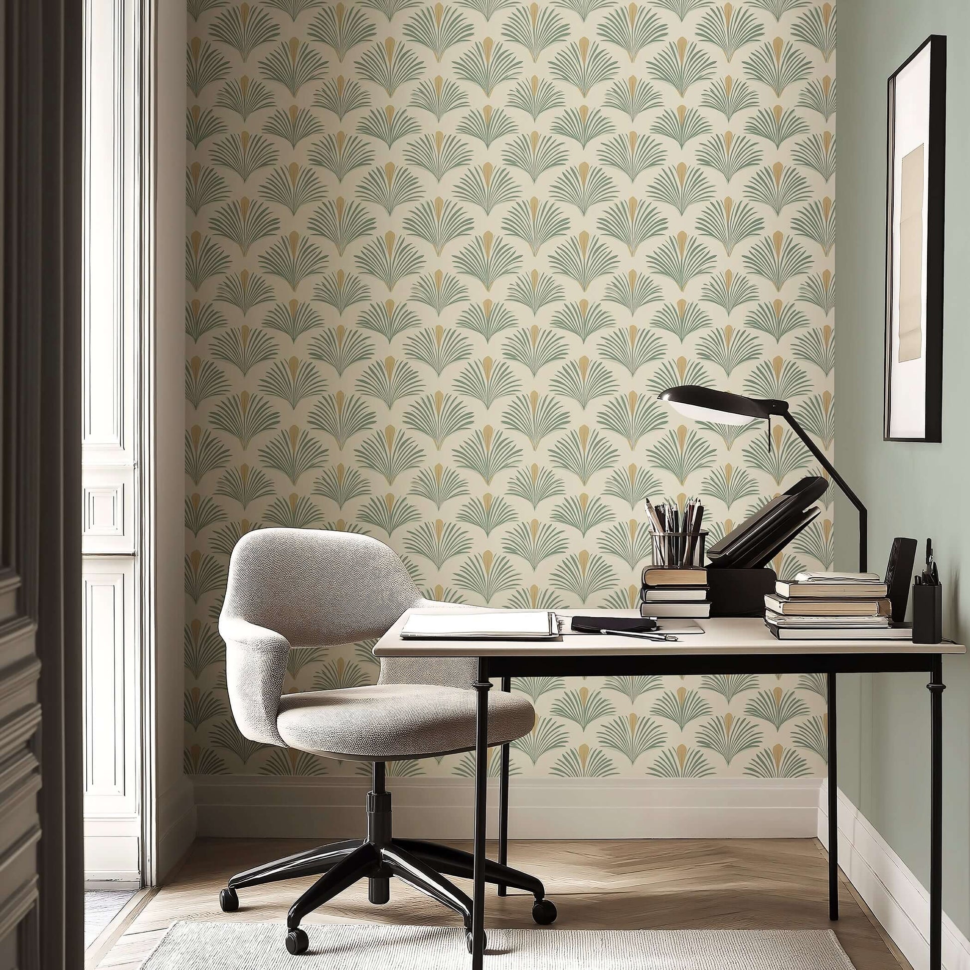 Palmetto Oasis Wallpaper with sage green palm design in a modern home office, offering coastal ambiance and minimalist elegance.