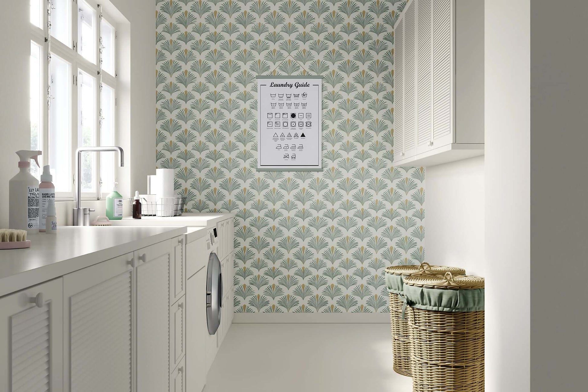 Laundry room with Palmetto Oasis coastal wallpaper featuring green palm fronds and golden accents for a modern design.