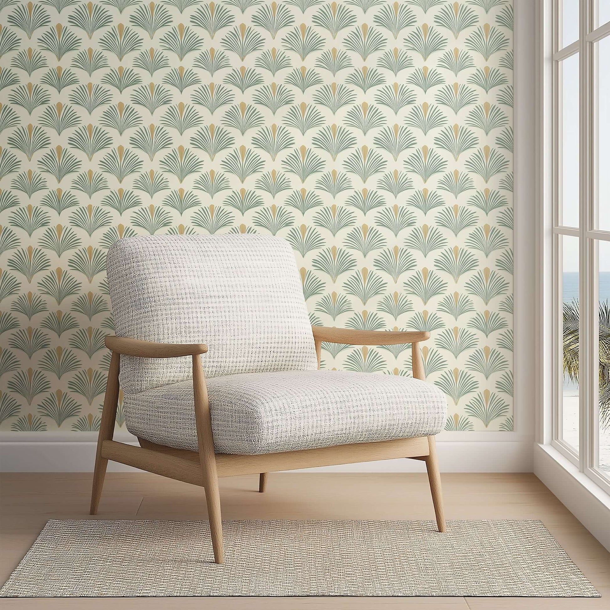Palmetto Oasis Wallpaper with sage green palm fronds, modern coastal design, complements wood and rattan decor in a serene room.