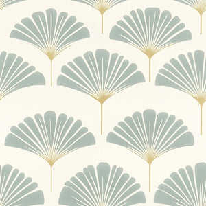 Ethereal Palm Wallpaper featuring stylized palm fronds in sage and muted gold, creating a modern coastal décor with serene elegance.