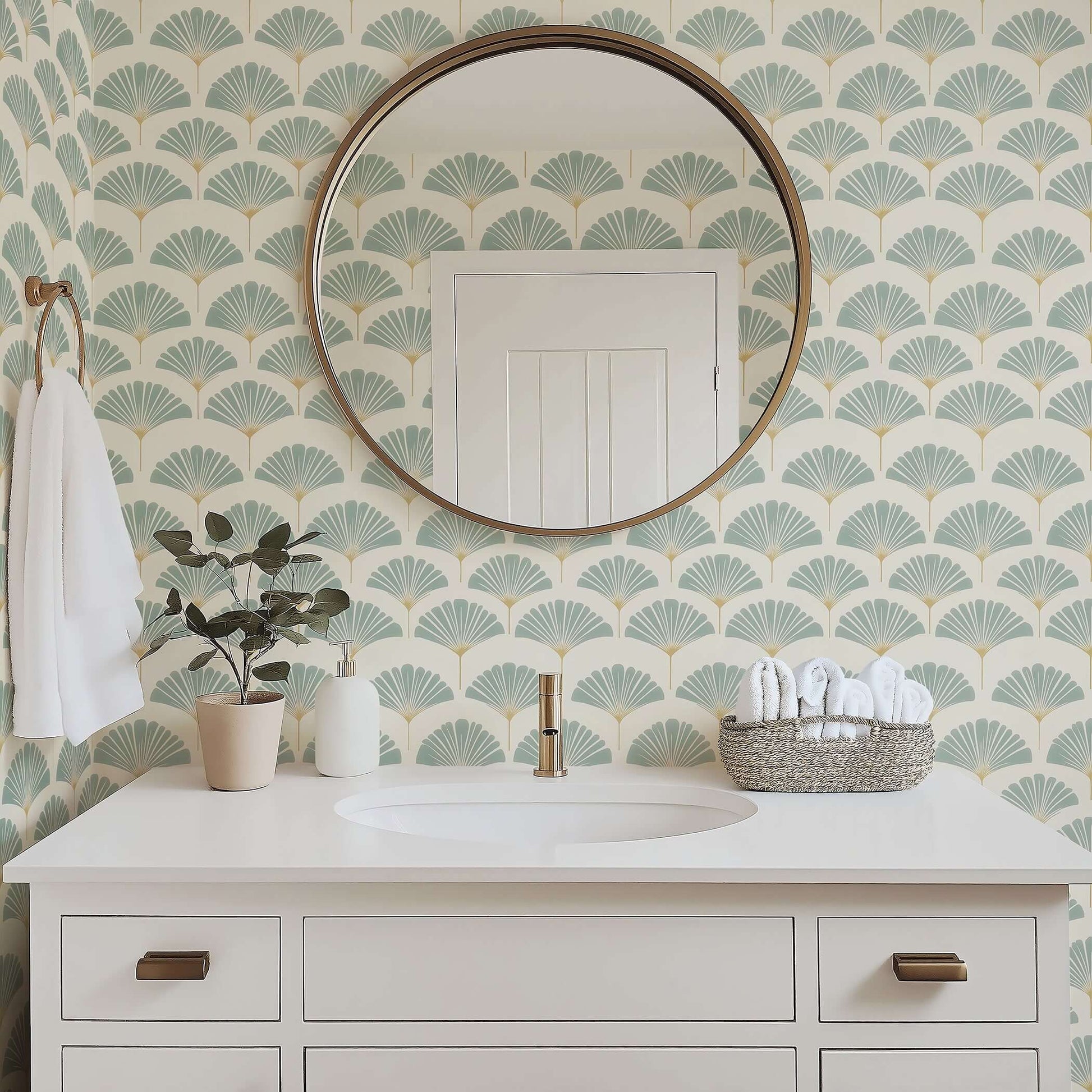 Bathroom with Ethereal Palm Wallpaper, featuring modern coastal design with soft sage and muted gold palm leaves for a serene atmosphere.