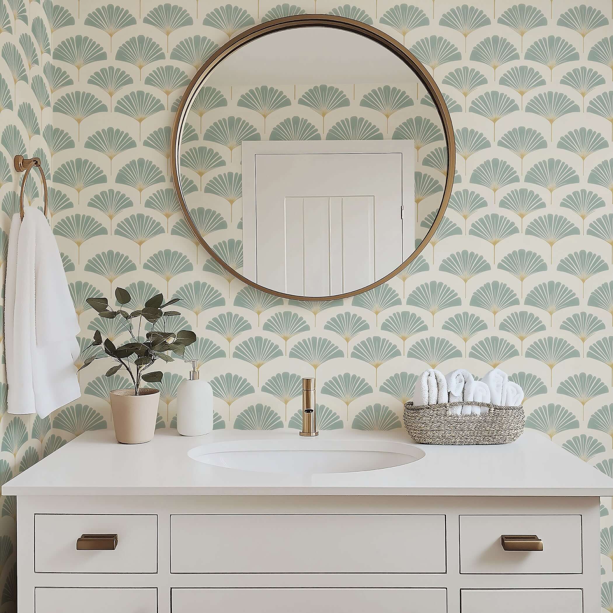 Bathroom with Ethereal Palm Wallpaper, featuring modern coastal design with soft sage and muted gold palm leaves for a serene atmosphere.