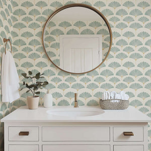 Bathroom with Ethereal Palm Wallpaper, featuring modern coastal design with soft sage and muted gold palm leaves for a serene atmosphere.