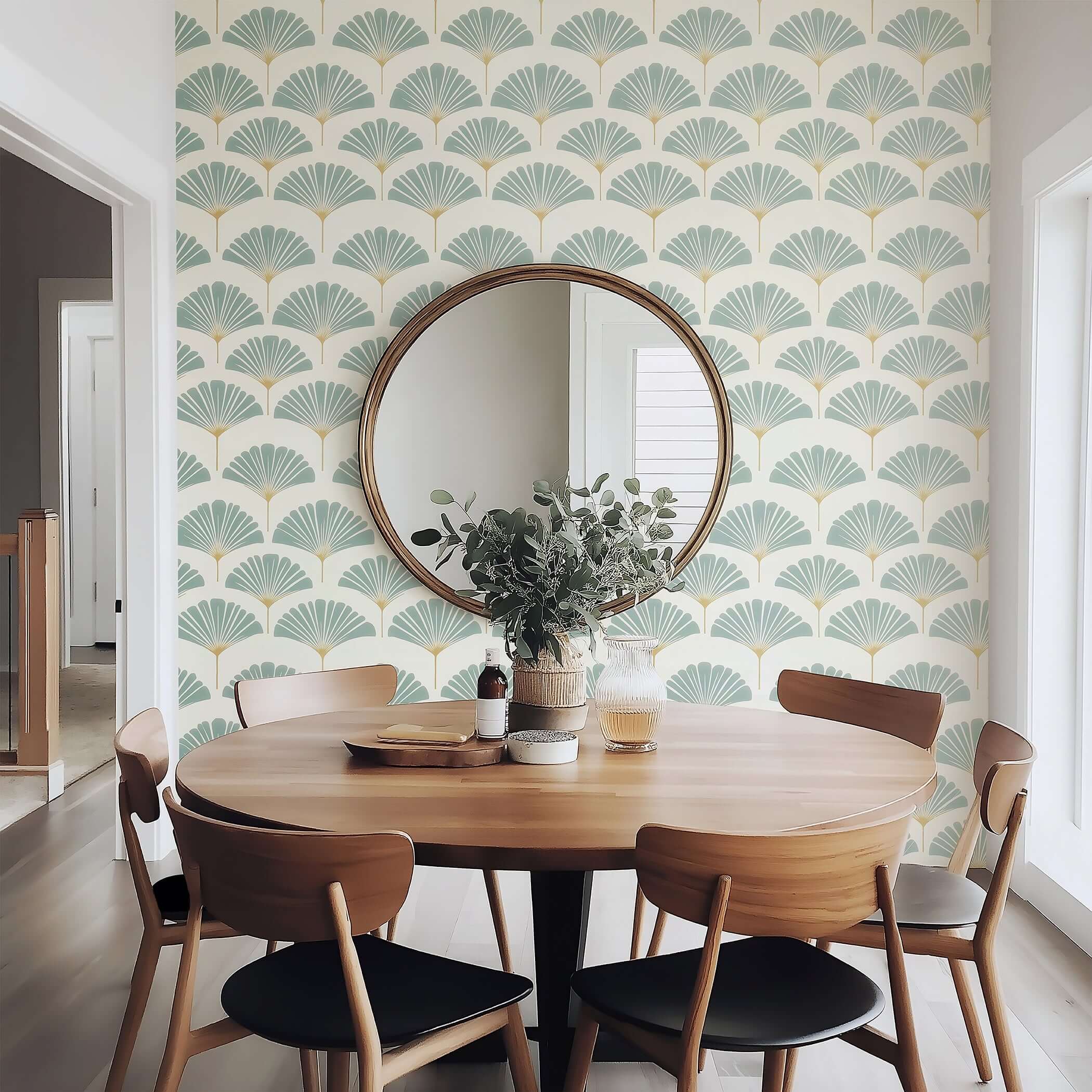 Dining room with Ethereal Palm wallpaper featuring modern palm design in soft sage and muted gold, enhancing a coastal aesthetic.