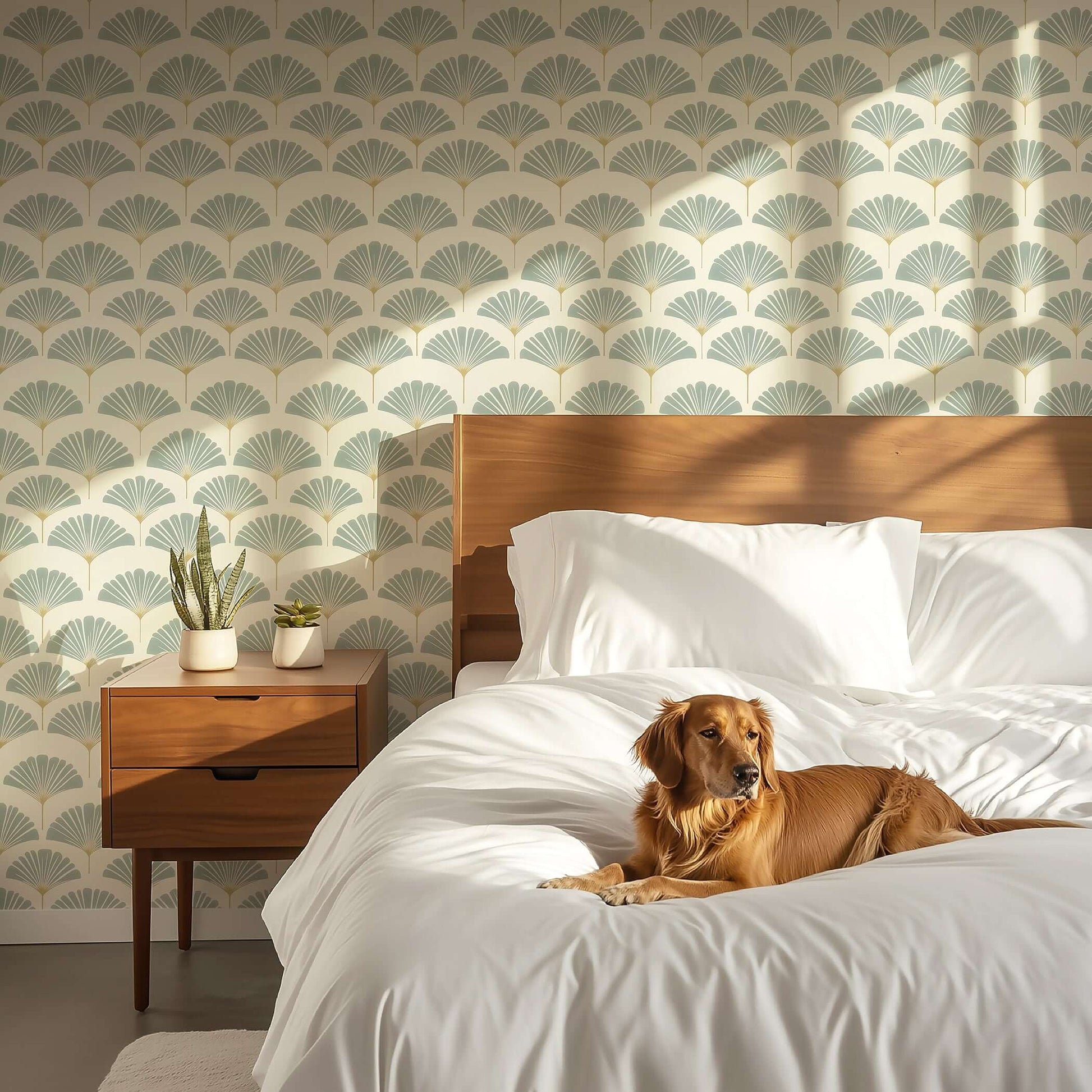 Modern Ethereal Palm wallpaper with coastal design, featuring stylized fronds in a bedroom setting with a dog on a bed.