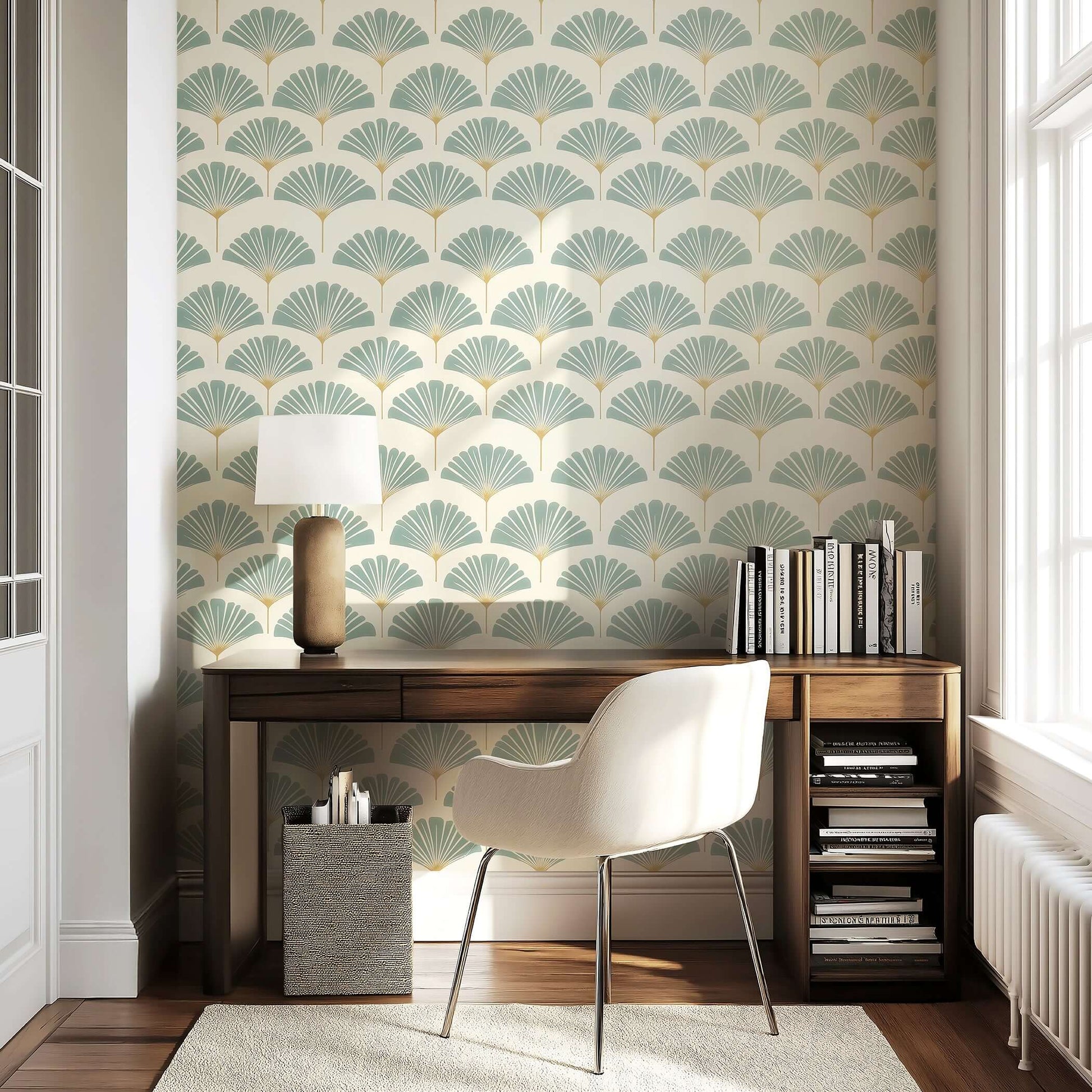 Modern coastal room with Ethereal Palm wallpaper featuring sage and gold fan-shaped leaves, enhancing serene, refined elegance.