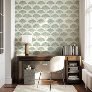 Modern coastal room with Ethereal Palm wallpaper featuring sage and gold fan-shaped leaves, enhancing serene, refined elegance.
