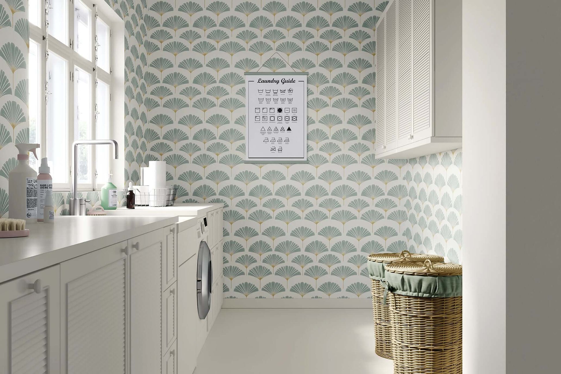 Laundry room with Ethereal Palm Wallpaper featuring modern coastal design, fan-shaped leaves in sage and gold for a soothing atmosphere.