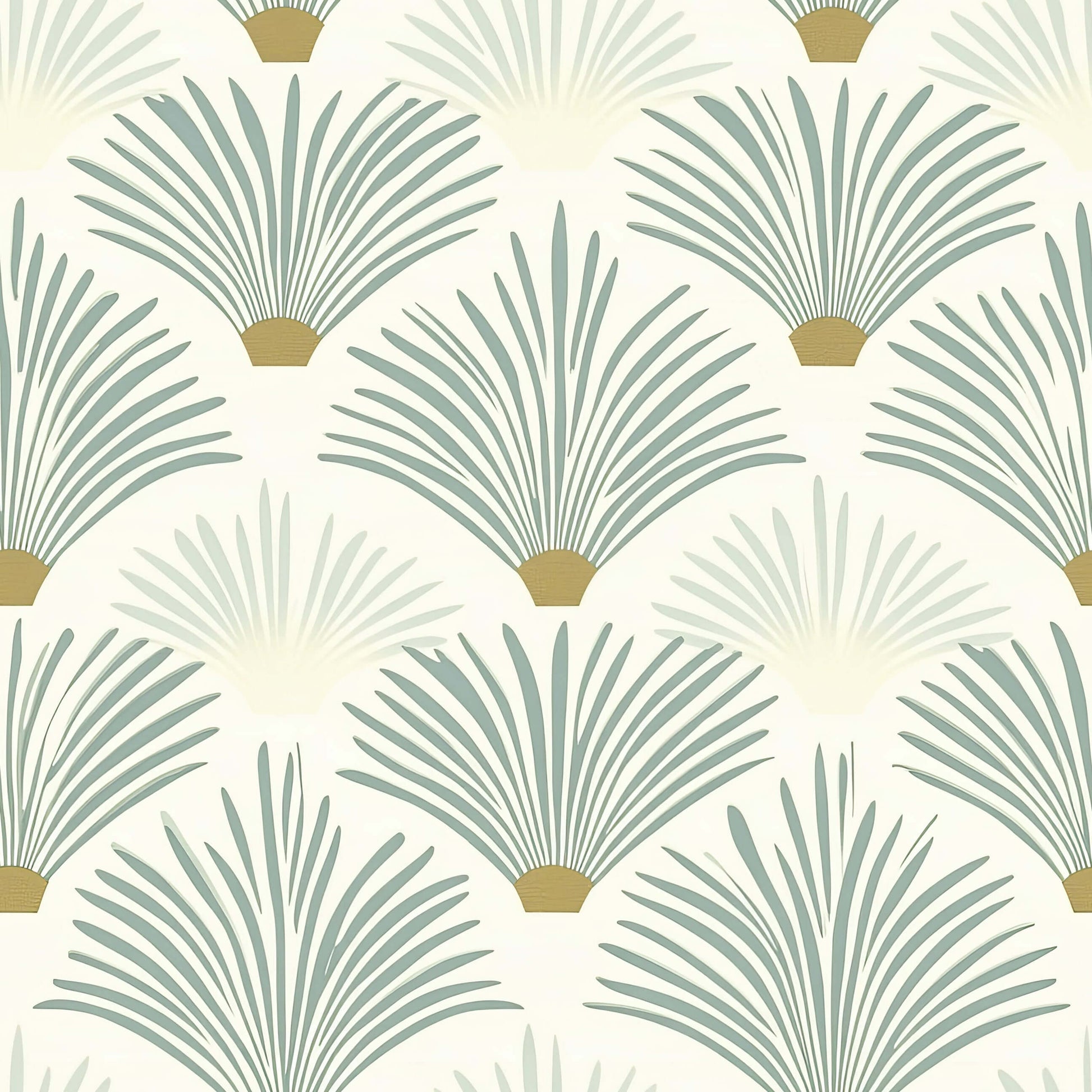 Art Deco wallpaper with sage green palm design on a golden base, ideal for modern coastal interiors.