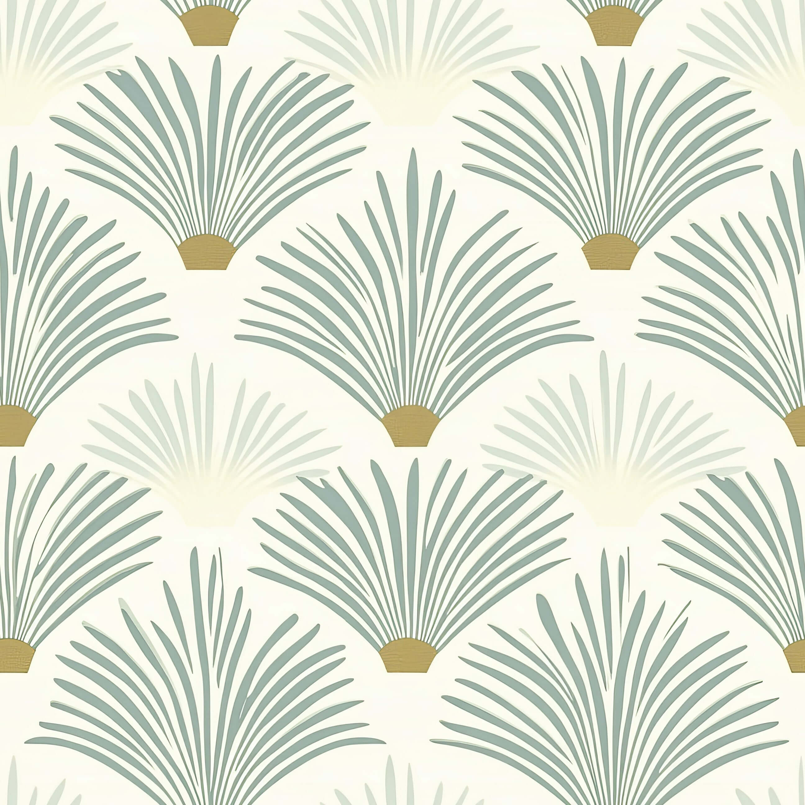 Art Deco wallpaper with sage green palm design on a golden base, ideal for modern coastal interiors.