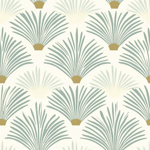 Art Deco wallpaper with sage green palm design on a golden base, ideal for modern coastal interiors.