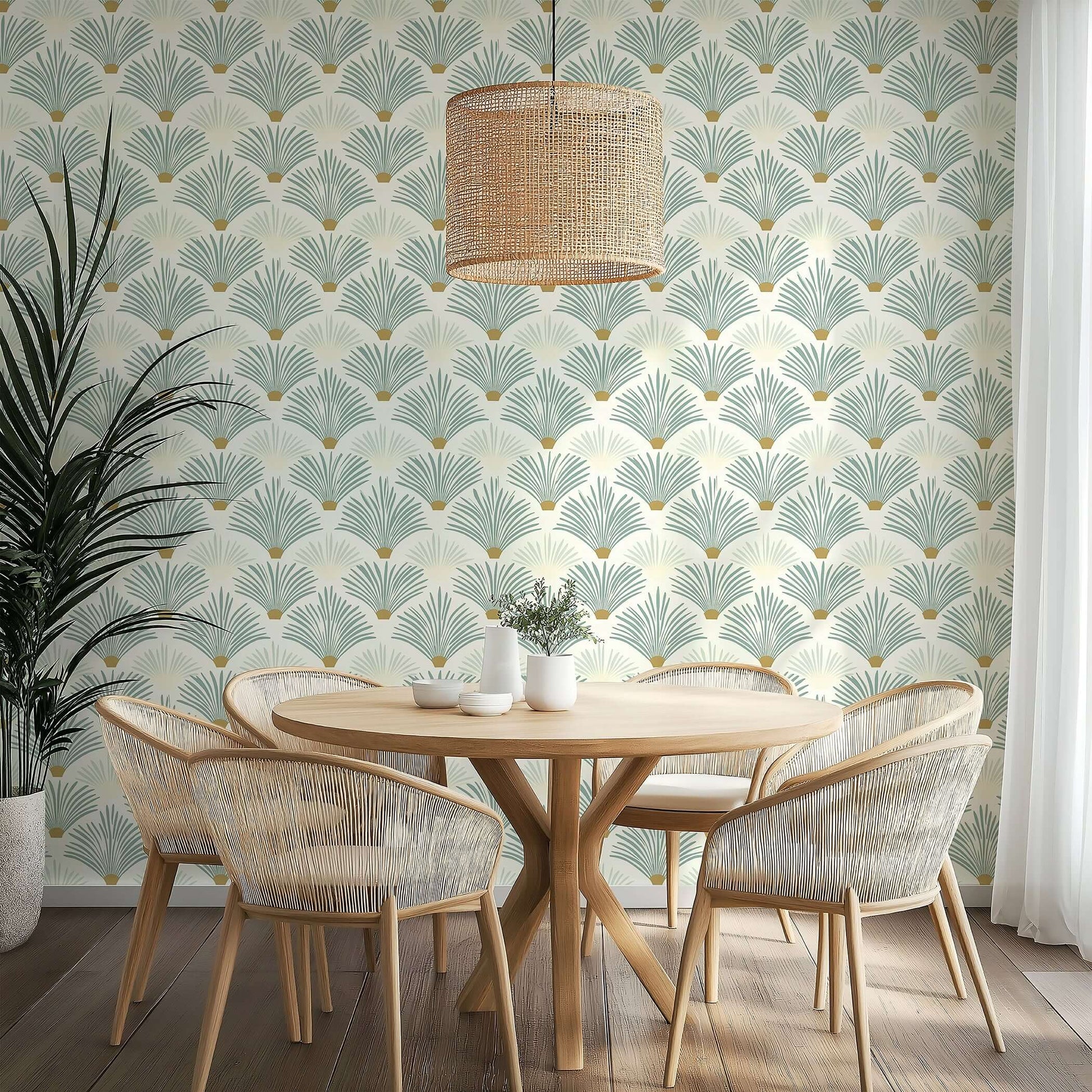 Coastal modern dining room with Sage Serenity Deco Wallpaper featuring Art Deco palm pattern in soft sage and warm golden tones.