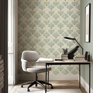 Sage Serenity Deco wallpaper with sage green palm fan patterns on a golden base, creating a modern coastal design for elegant interiors.