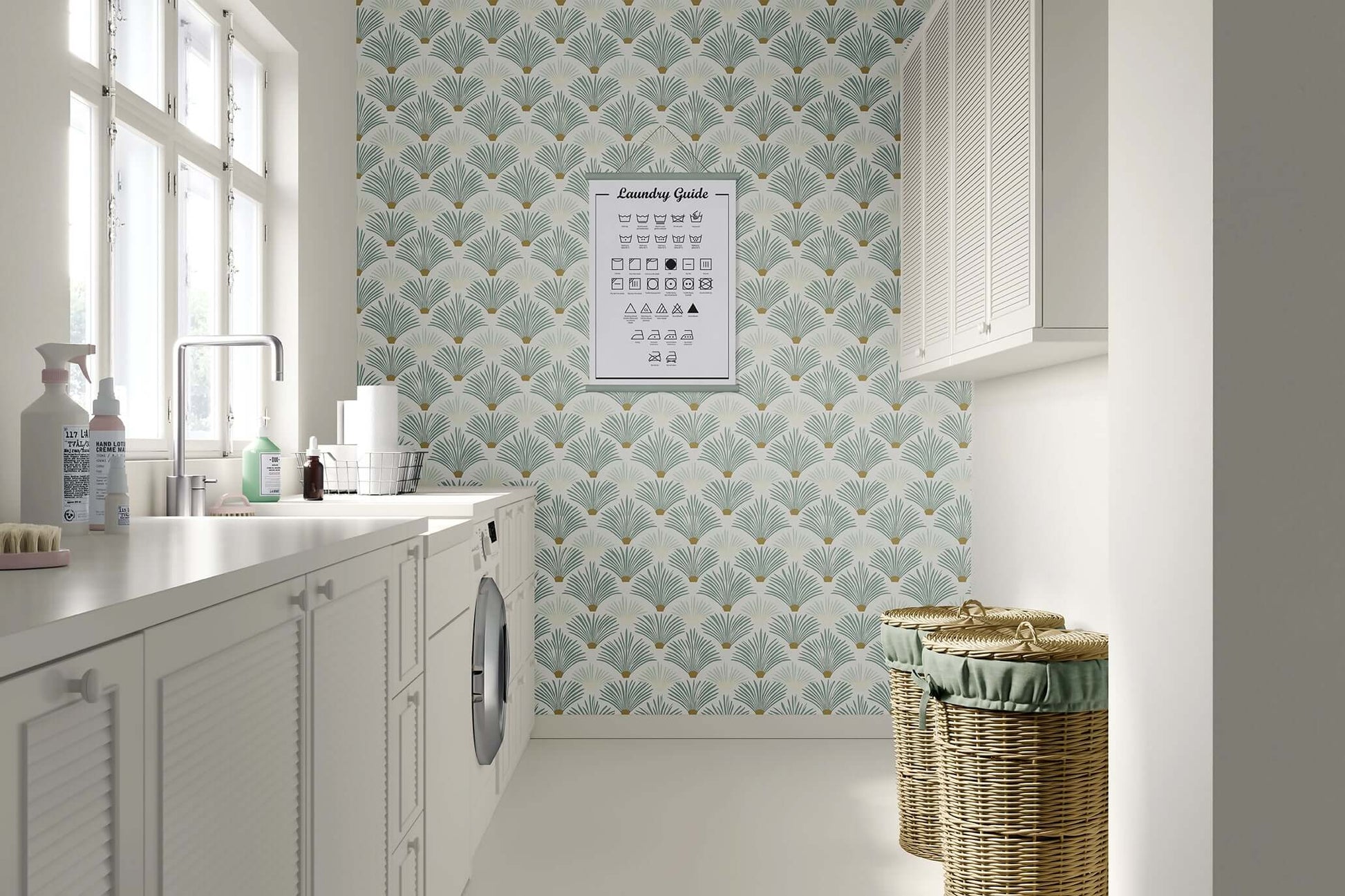 Laundry room featuring Sage Serenity Deco wallpaper with Art Deco palm pattern, modern coastal design accents, and wicker baskets.