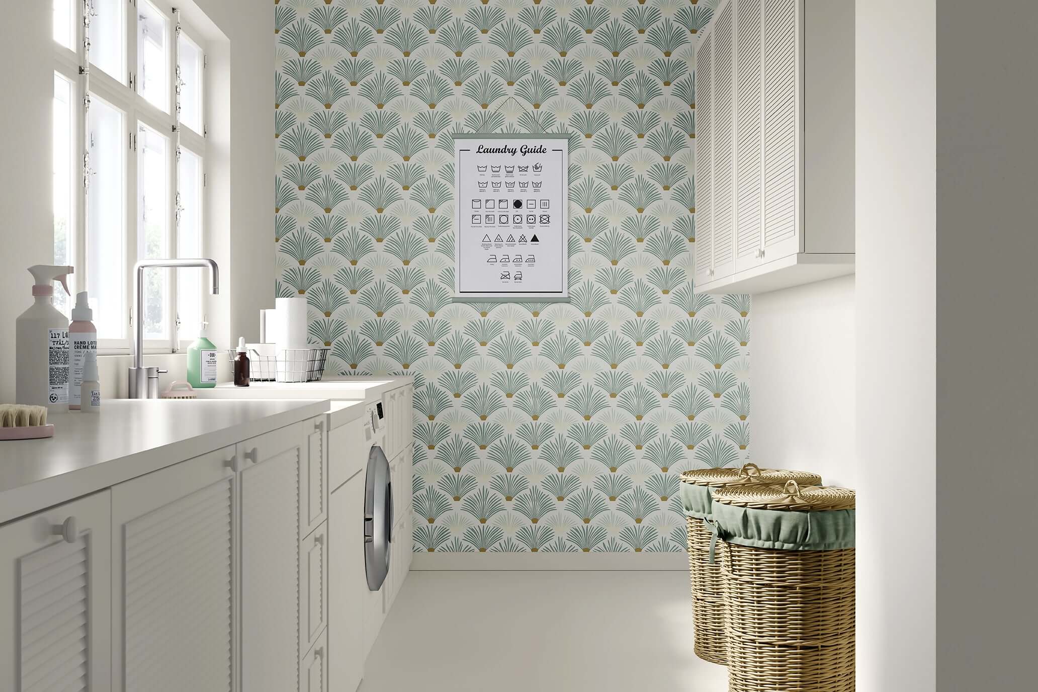 Laundry room featuring Sage Serenity Deco wallpaper with Art Deco palm pattern, modern coastal design accents, and wicker baskets.