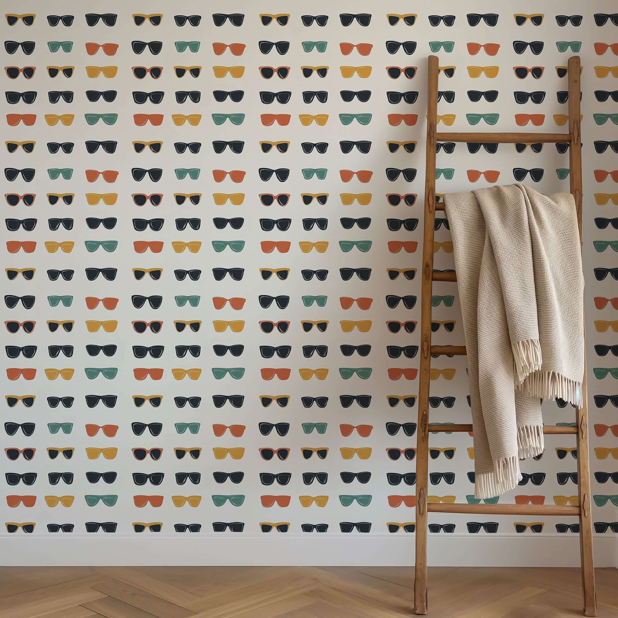 Pop art sunglass wallpaper with vibrant colors and retro shades. Ideal for mid-century modern and coastal interior designs.