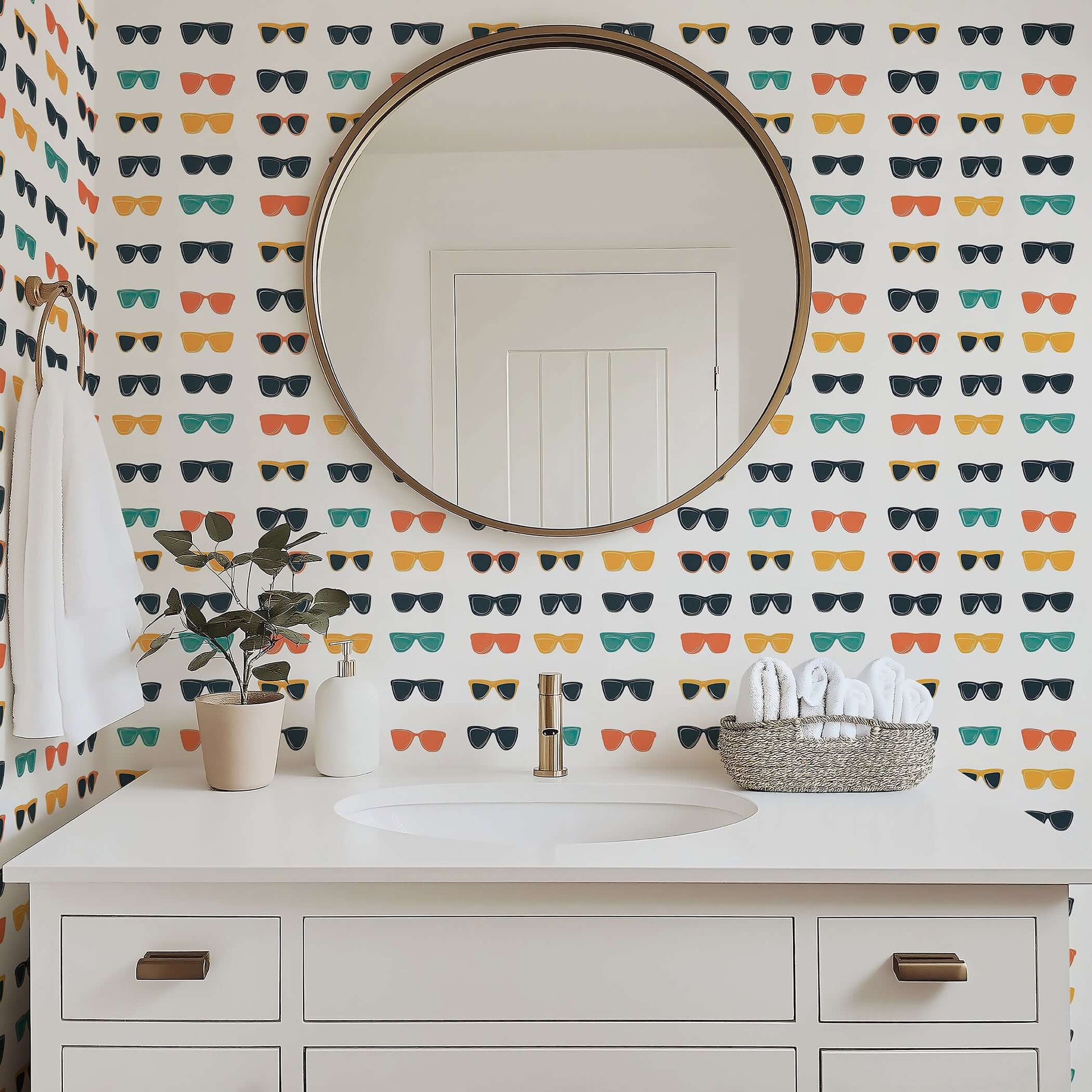 Mid-century modern pop art wallpaper with colorful sunglasses pattern, perfect for coastal walls and creative spaces.