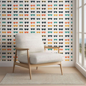 Pop art sunglass wallpaper with colorful sunglasses pattern in a modern coastal living space featuring mid-century design.