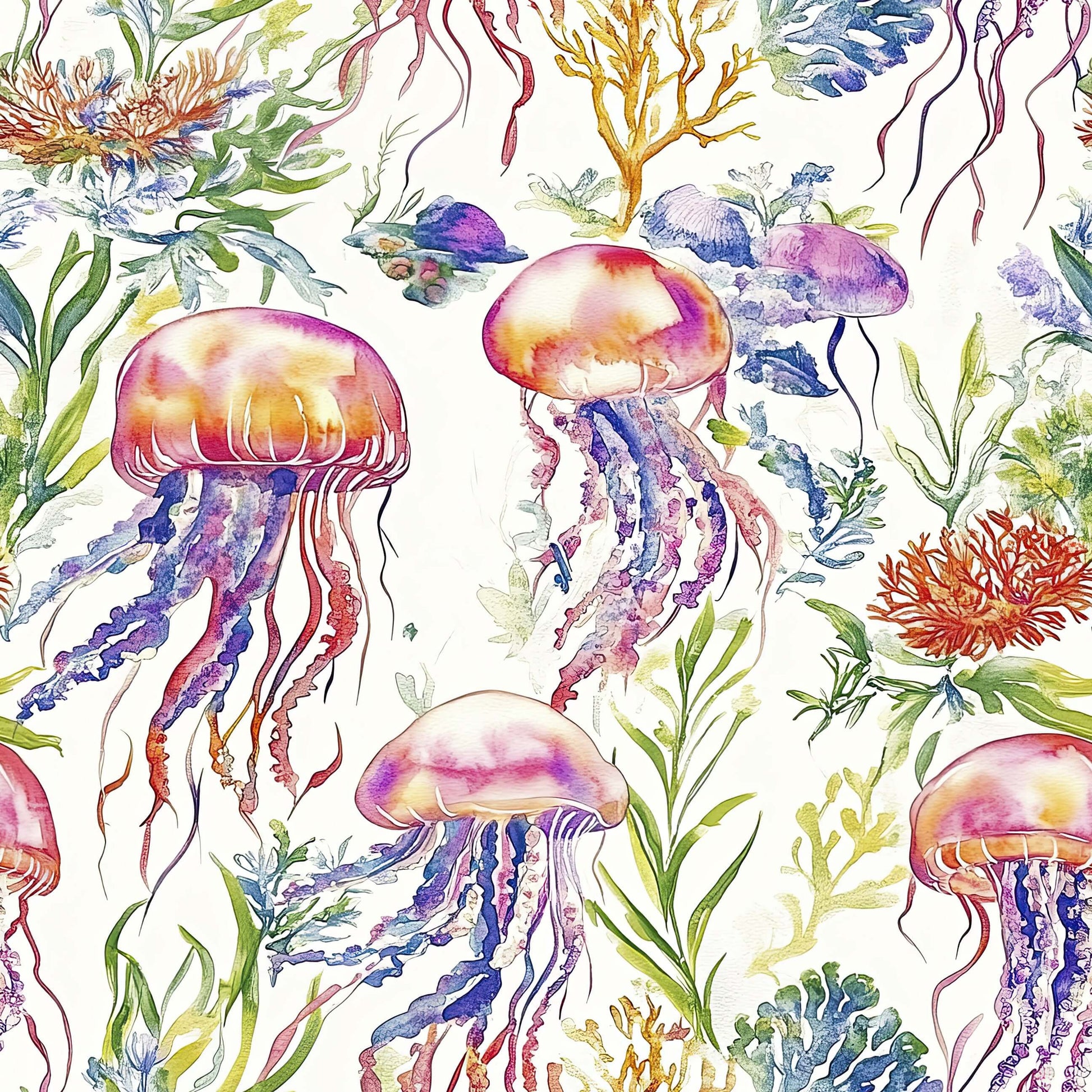Vibrant coastal wallpaper featuring watercolor jellyfish and seaweed, perfect for marine-themed spaces and coastal retreats.