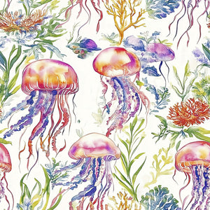 Vibrant coastal wallpaper featuring watercolor jellyfish and seaweed, perfect for marine-themed spaces and coastal retreats.
