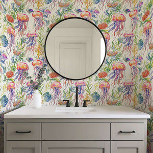 Undersea Watercolor Bliss wallpaper with hand-painted jellyfish and seaweed, creating a vibrant coastal ambiance in a bathroom setting.