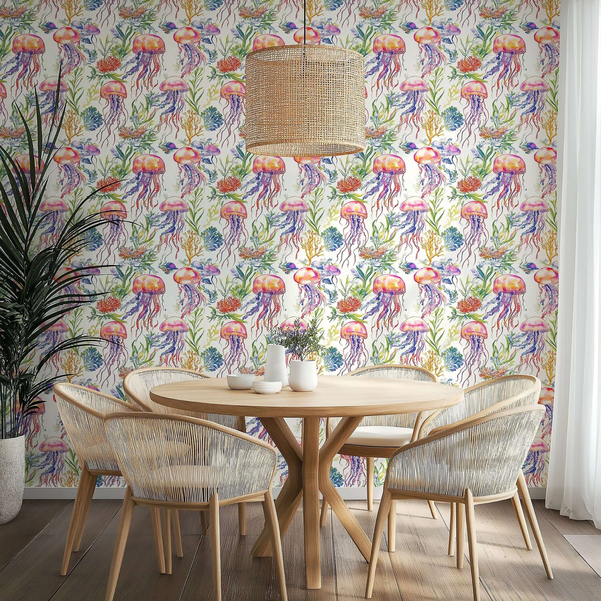 Undersea Watercolor Bliss Wallpaper with jellyfish, seaweed, and ocean flora in a coastal dining room setting. Perfect marine decor.