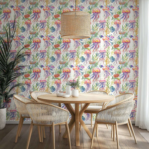 Undersea Watercolor Bliss Wallpaper with jellyfish, seaweed, and ocean flora in a coastal dining room setting. Perfect marine decor.