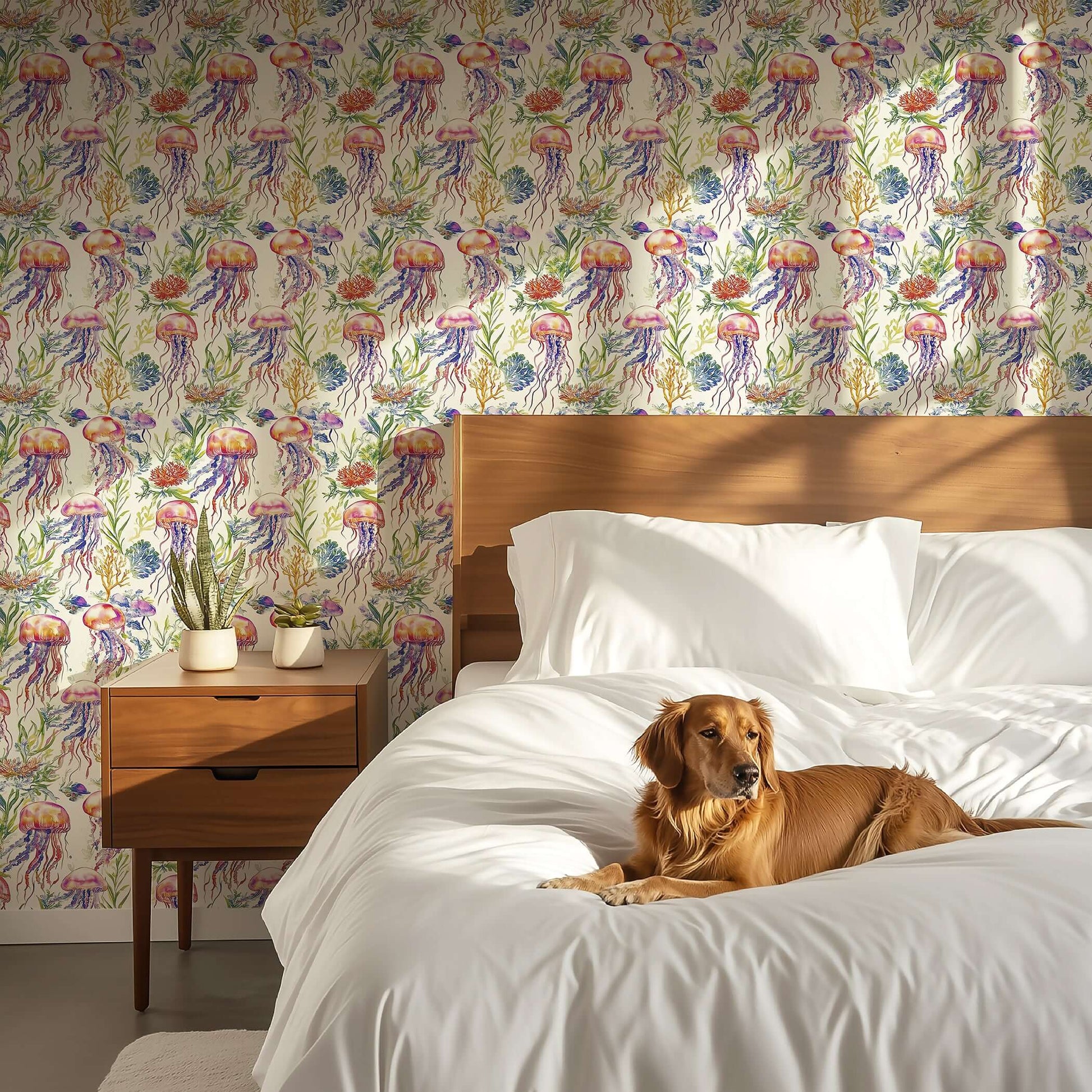 Coastal wallpaper featuring watercolor jellyfish and seaweed in a bedroom setting with a cozy dog on the bed.