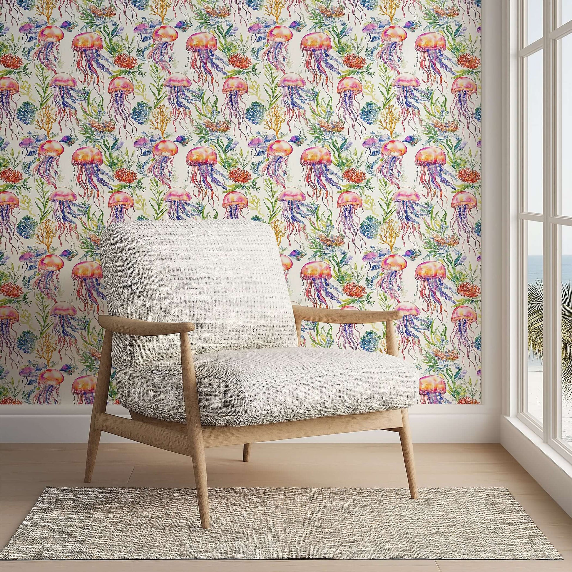 Undersea Watercolor Bliss Wallpaper with jellyfish and seaweed, adding coastal elegance and marine charm to a cozy room setting.