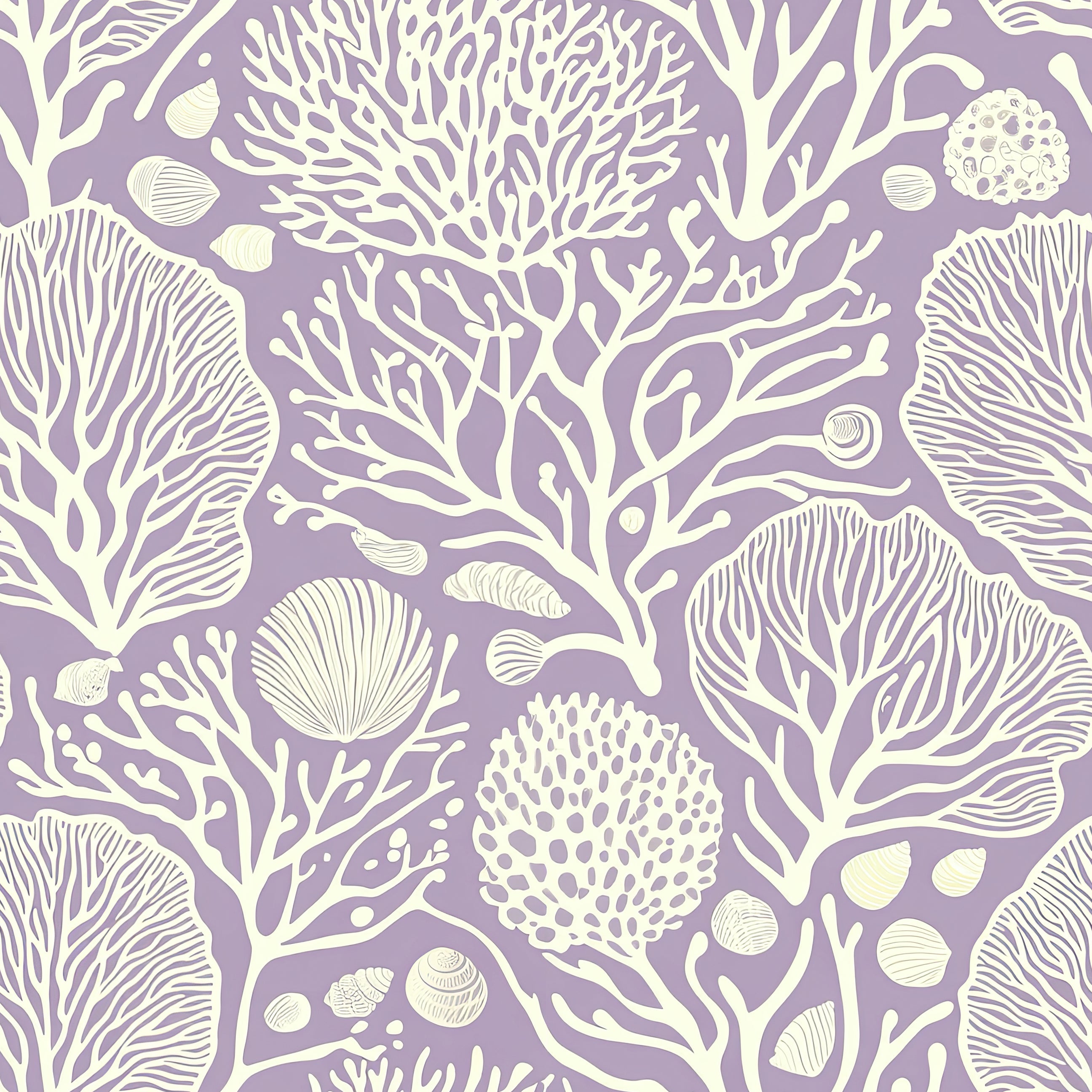 Lavender Coral Oasis wallpaper featuring white coral and seashell motifs on a muted lavender backdrop, perfect for coastal décor.