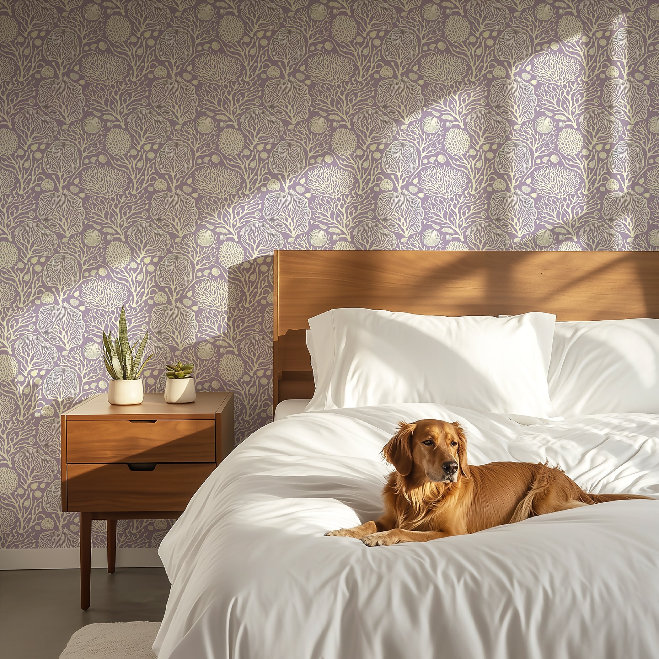 Bedroom with lavender coral coastal wallpaper and a golden dog on a white bed, conveying a serene ocean-inspired interior design.