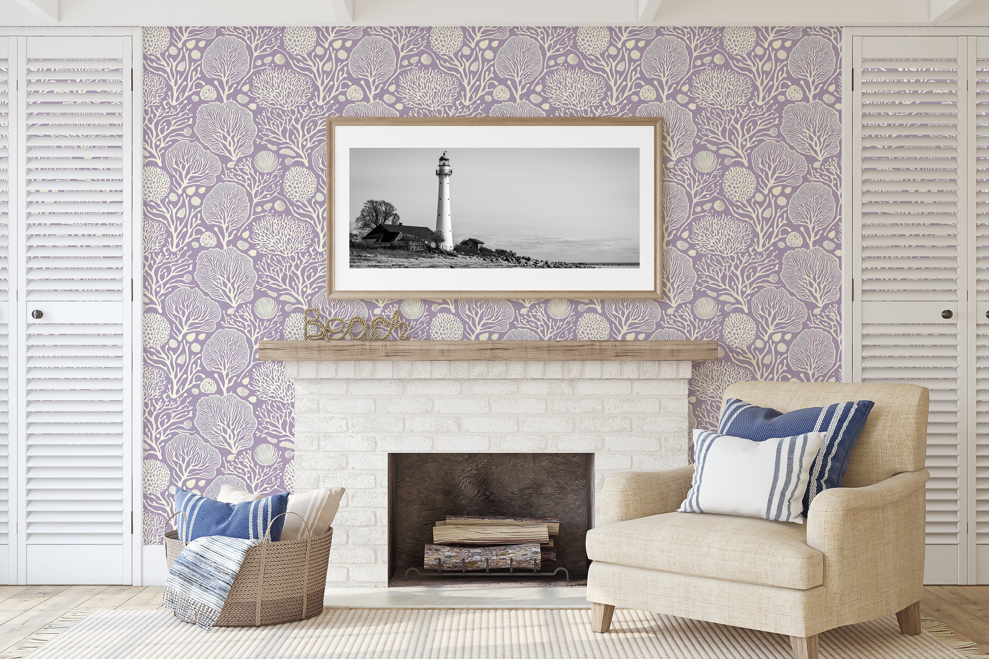 Coastal room with Lavender Coral Oasis wallpaper featuring white coral patterns, enhancing the oceanic and maritime decor.