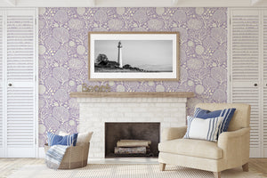 Coastal room with Lavender Coral Oasis wallpaper featuring white coral patterns, enhancing the oceanic and maritime decor.