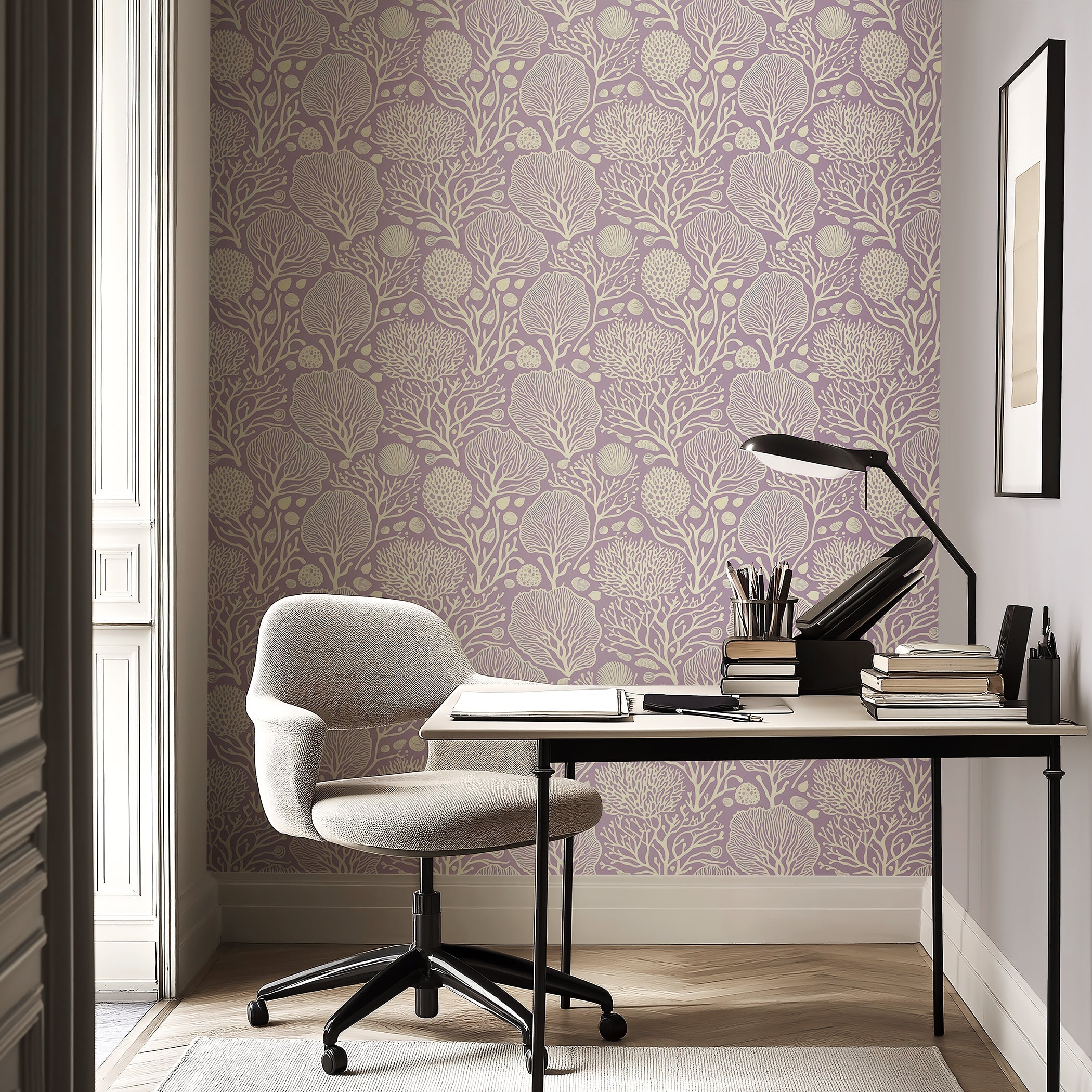 Lavender Coral Oasis wallpaper with white coral and seashell patterns, creating a coastal ambiance in a serene home office setting.