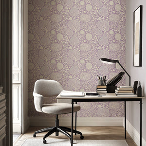 Lavender Coral Oasis wallpaper with white coral and seashell patterns, creating a coastal ambiance in a serene home office setting.