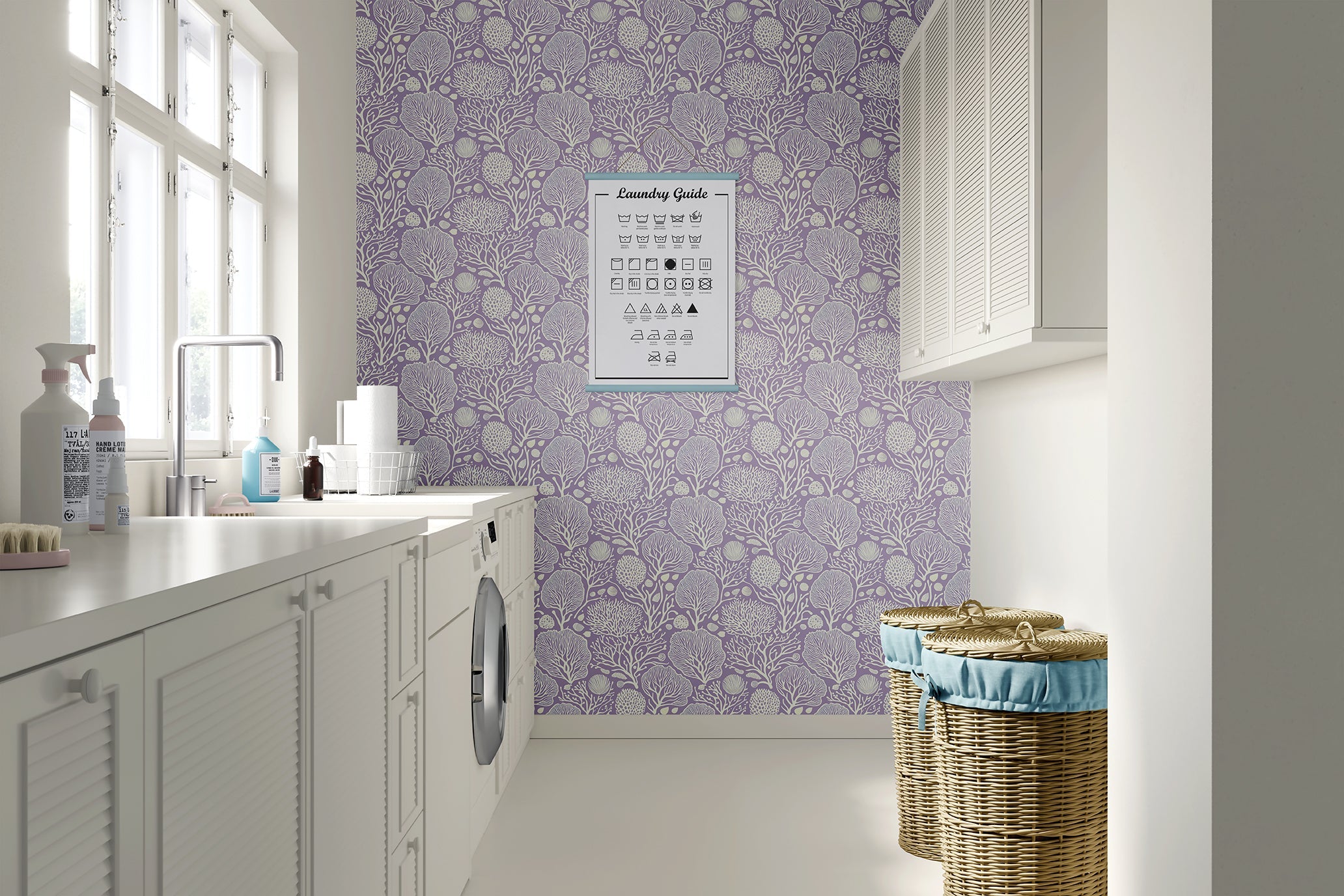 Laundry room with Lavender Coral Oasis wallpaper featuring coral and seashell patterns, adding a coastal, ocean-inspired ambiance.