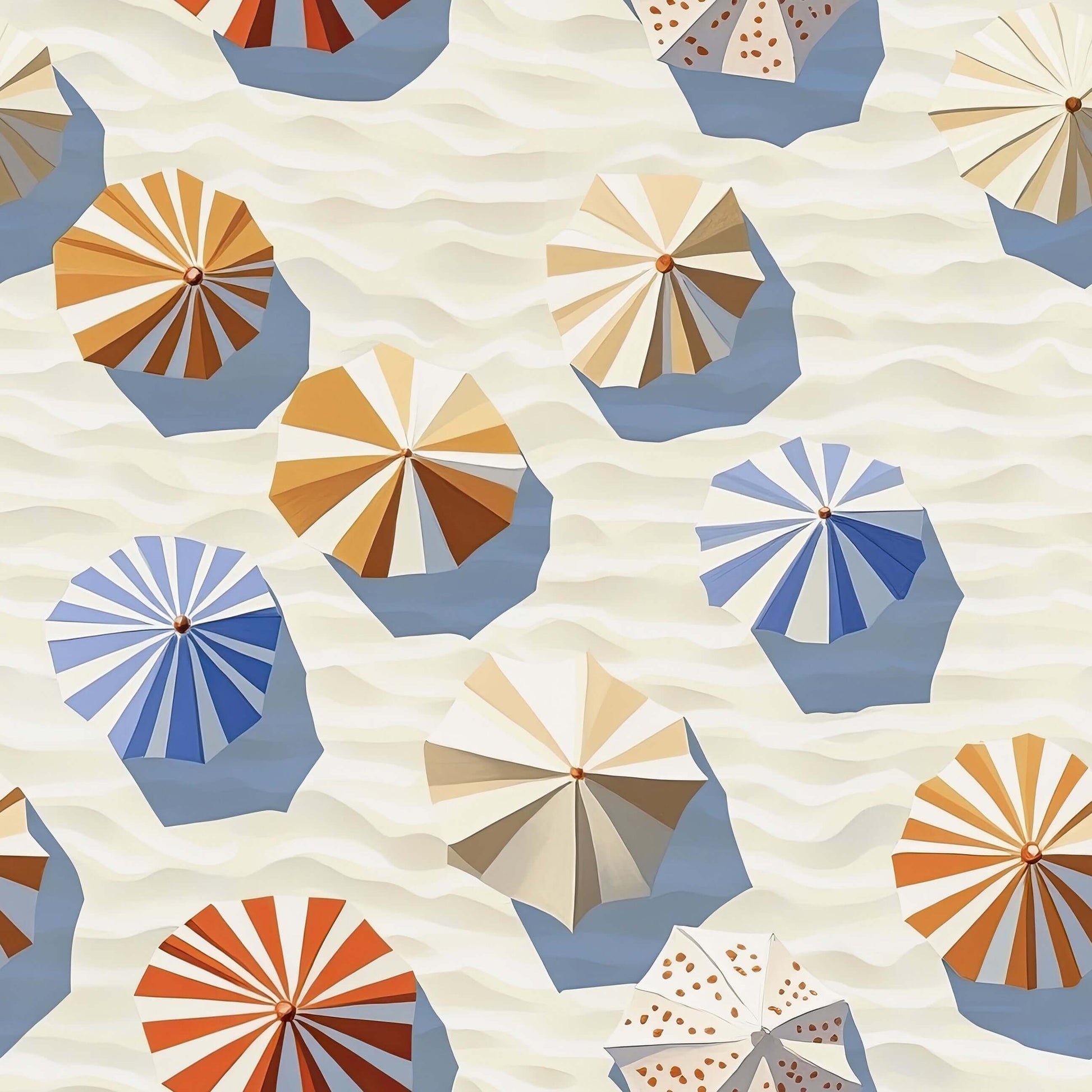 Beach umbrellas casting shadows on sand, creating a modern coastal wallpaper design for beach-themed interiors.