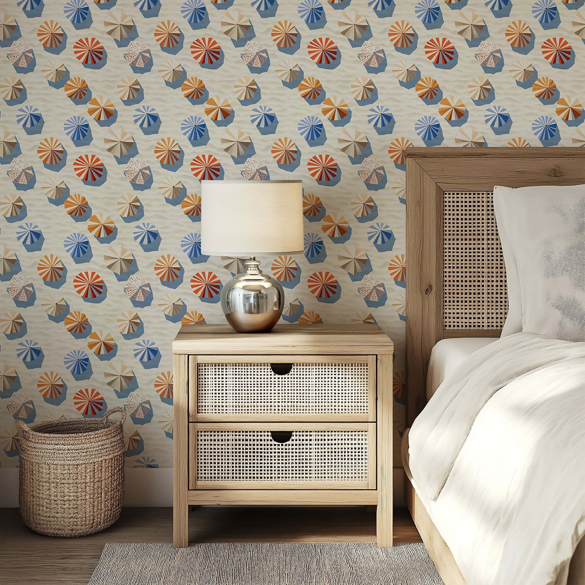 Seaside Shade wallpaper with beach umbrellas and shadows, ideal for modern coastal design in kitchens and beach-themed spaces.