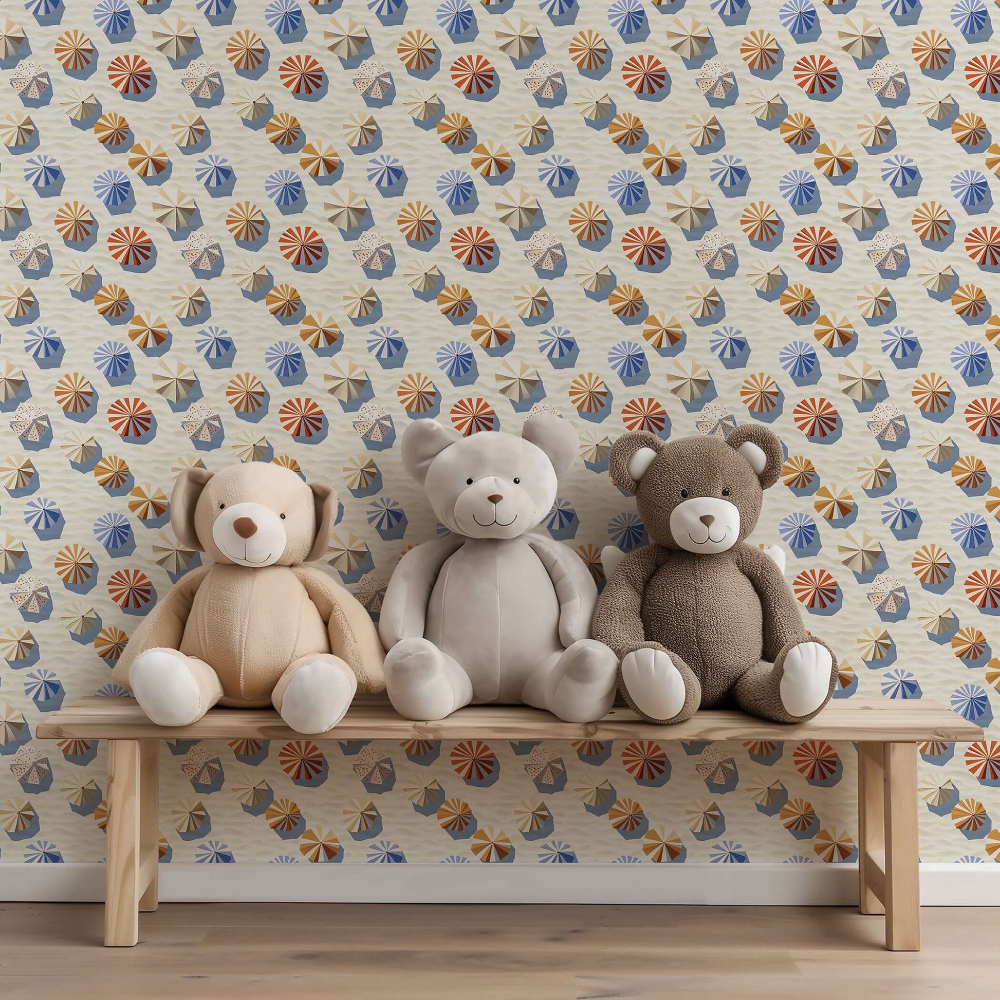 Coastal wallpaper with beach umbrella design behind a row of plush toys on a wooden bench, ideal for modern beach-themed rooms.