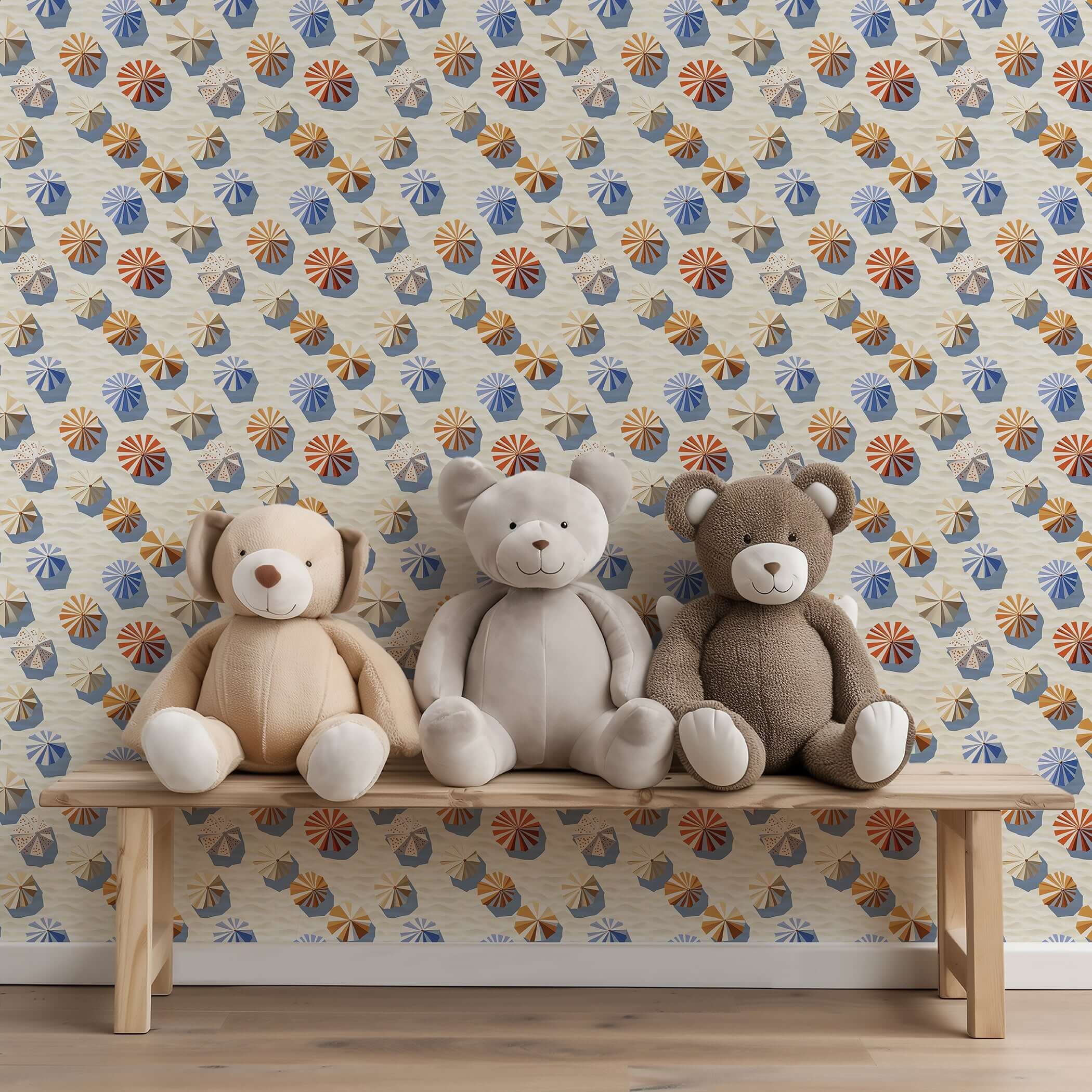Coastal wallpaper with beach umbrella design behind a row of plush toys on a wooden bench, ideal for modern beach-themed rooms.