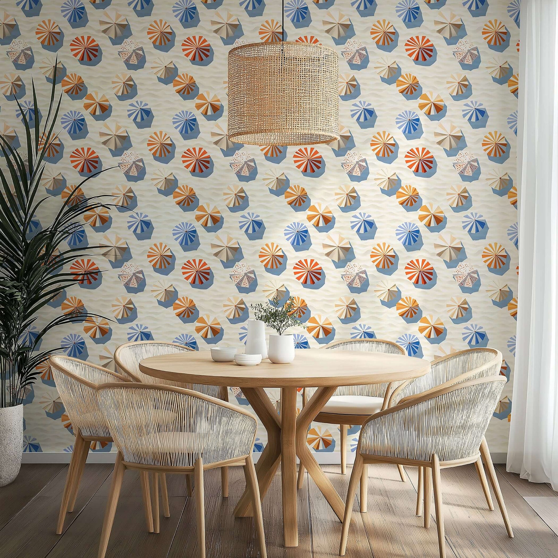 Coastal modern wallpaper featuring beach umbrellas casting bold shadows, enhancing a dining area with seaside flair.