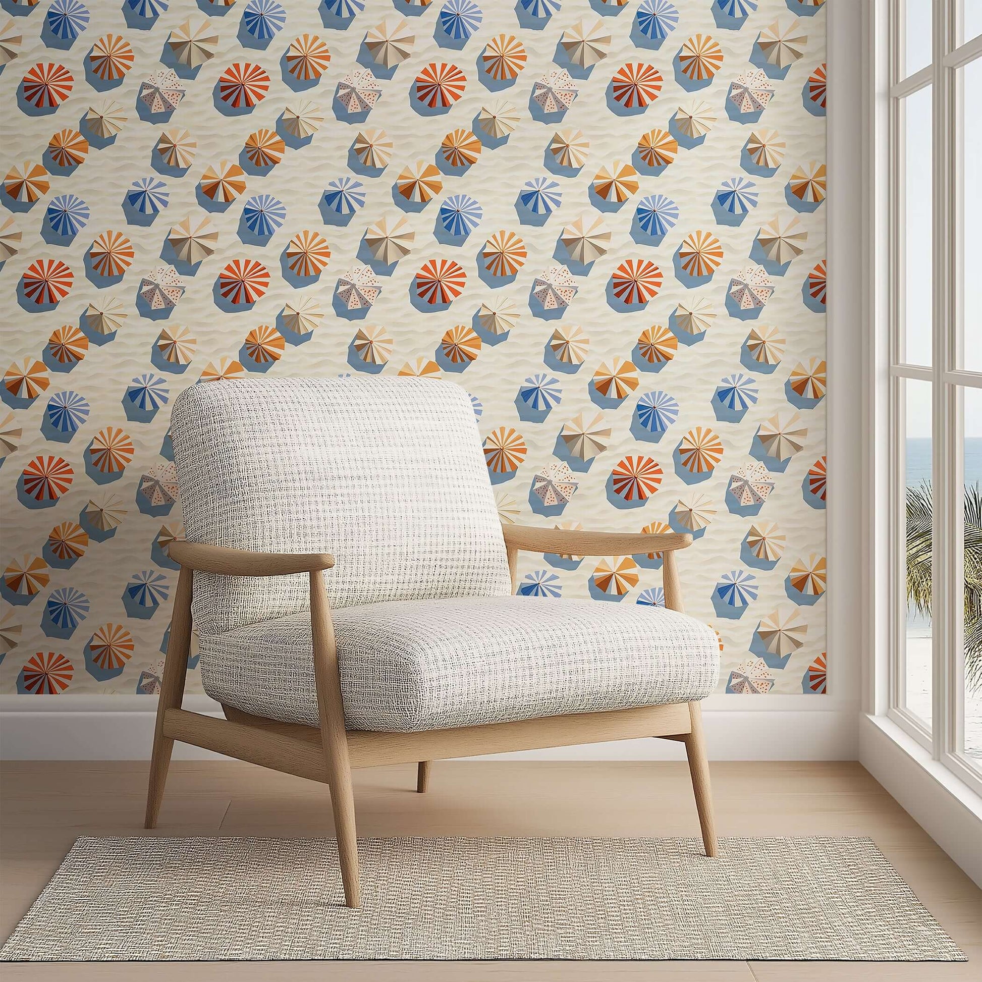 Seaside Shade Wallpaper with beach umbrellas casting shadows, ideal coastal wallpaper for modern beach-themed interiors.