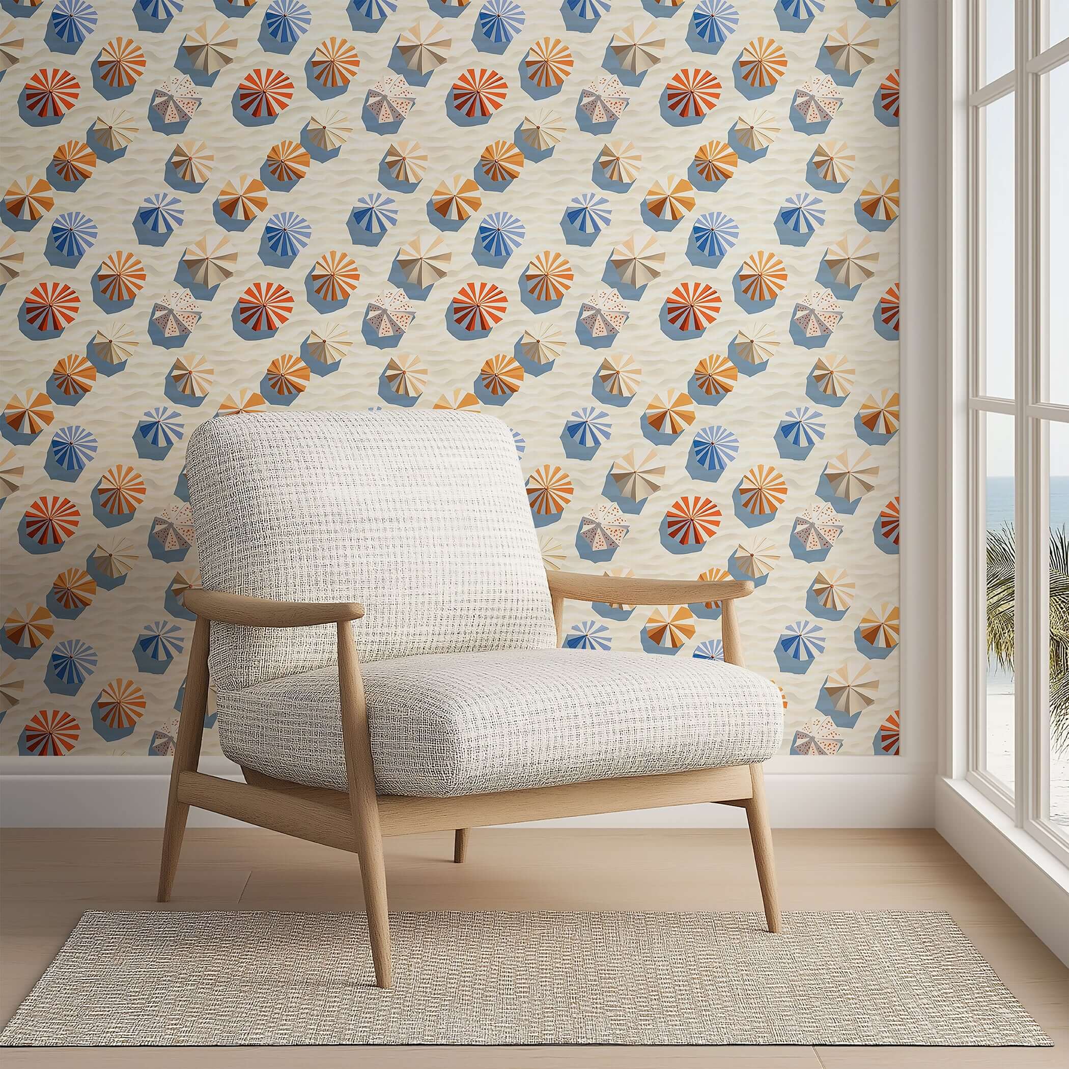 Seaside Shade Wallpaper with beach umbrellas casting shadows, ideal coastal wallpaper for modern beach-themed interiors.